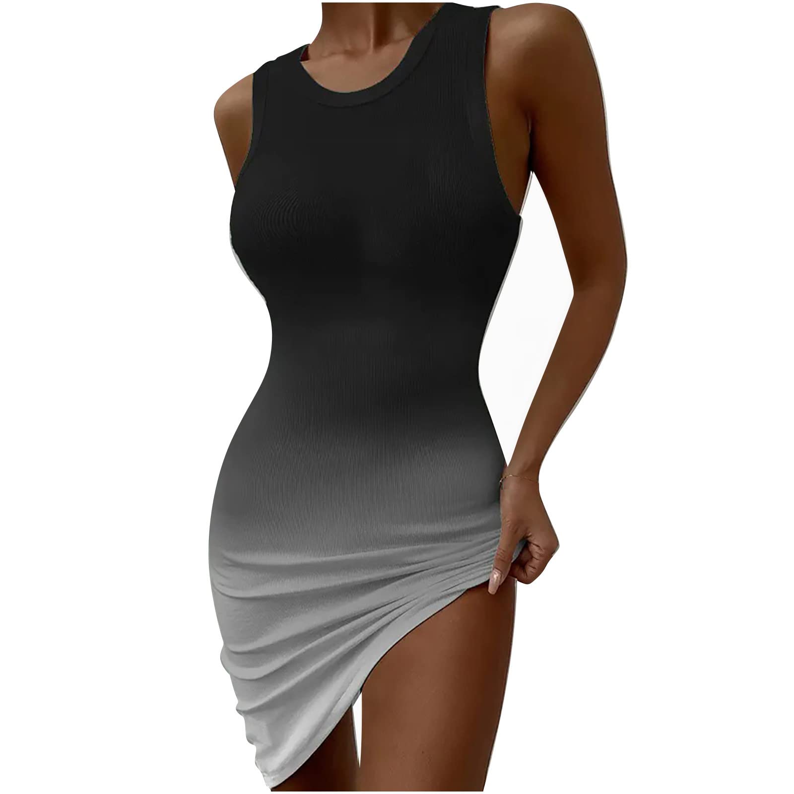 Women's Sexy Printed Slimming Sleeveless Ribbed Bodycon Tank Dress - Summer Round Neck Stretchy Fit for Night Out, Beach Party & Casual Wear