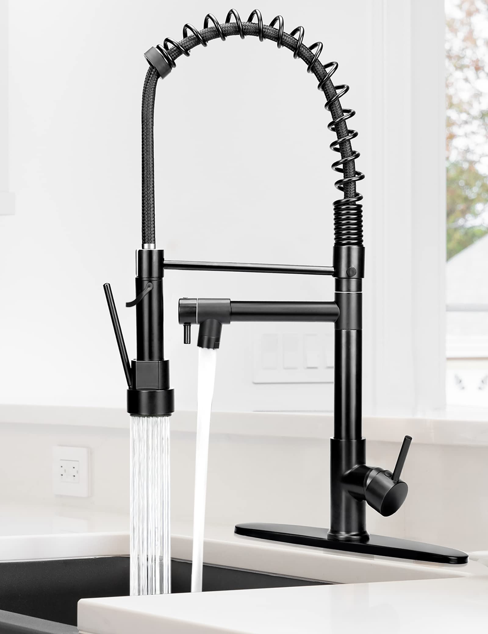 **Black Commercial Kitchen Faucet with Pull-Down Sprayer - Serimer Solid Brass Matte Black Sink Faucet with Deck Plate - Perfect for Modern Kitchens & Restaurants**