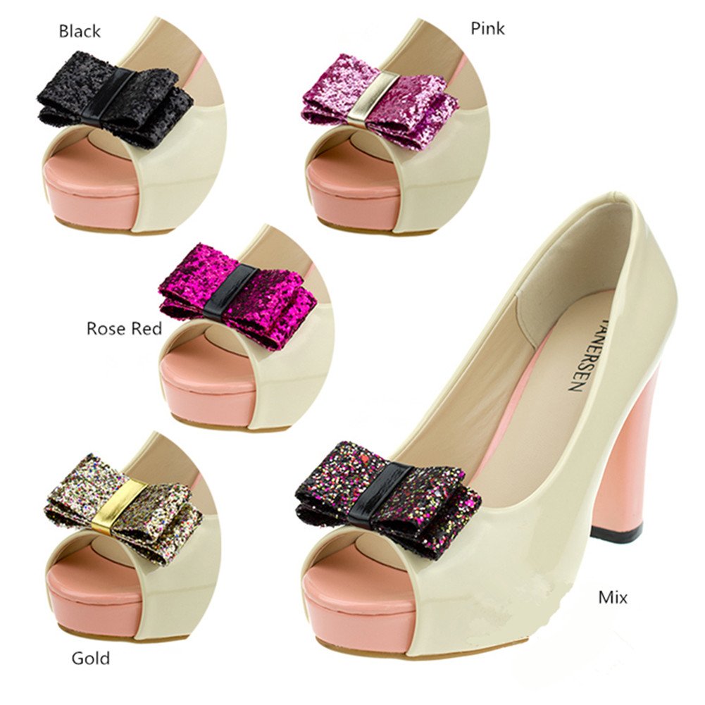Douqu Glitter Bow Shoe Clips for Women - Gold Sparkling Artificial Leather Shoe Charms, Perfect for Parties, Weddings & Fashion Accessories