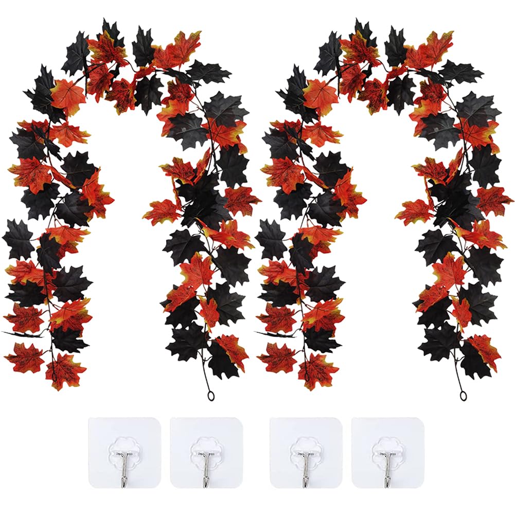 GARVEE 2-Pack 5.7Ft Artificial Maple Leaf Garland with Hooks - Red Fall Vines for Halloween, Thanksgiving, Christmas Door & Fireplace Decor - Perfect for Home, Party & Seasonal Decorations