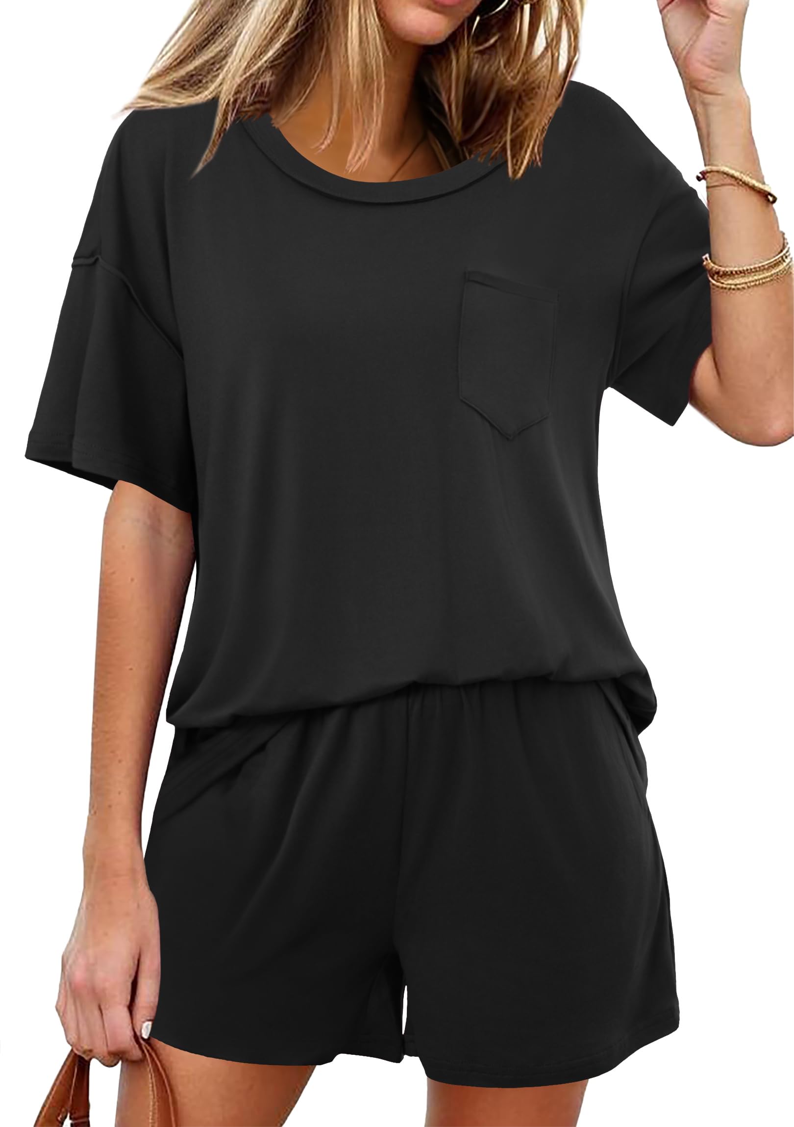 Ekouaer Women's 2 Piece Pajama Set - Soft Short Sleeve Sleepwear with Round Neck Top & Lounge Shorts - Perfect for Sleeping, Lounging & Summer Nights