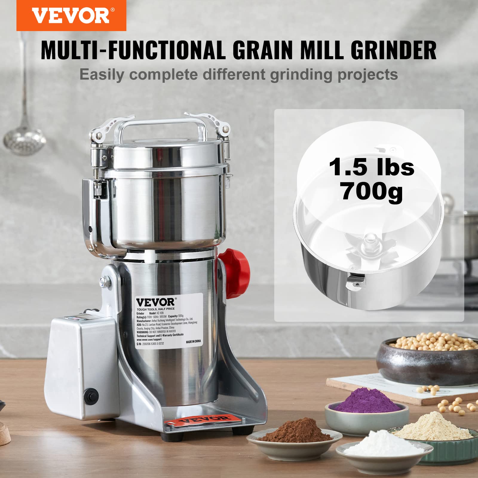 VEVOR 700g Commercial Electric Grain Grinder - 2500W High-Speed Stainless Steel Mill for Coffee, Corn, Pepper & Dry Grains | Perfect for Home Kitchens, Bakeries & Coffee Shops