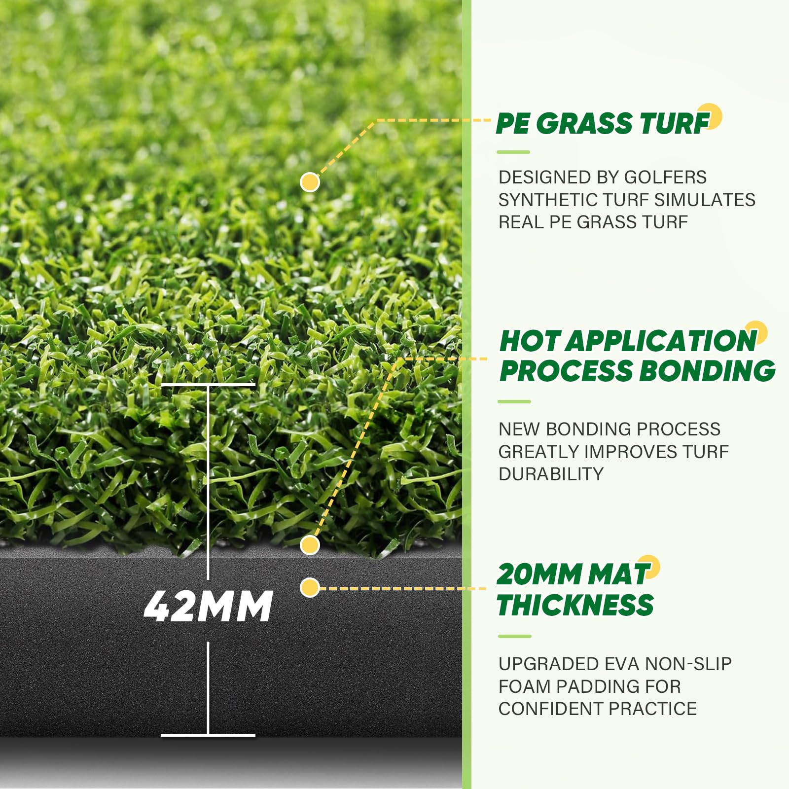 BestGolf 42MM Professional Golf Practice Mat - 5x4ft Premium PE Grass & Hot Pressed Turf for Indoor/Outdoor Use - Includes 9 Golf Balls & 9 Tees - Perfect for Backyard Training, Driving Range & Home Golf Practice
