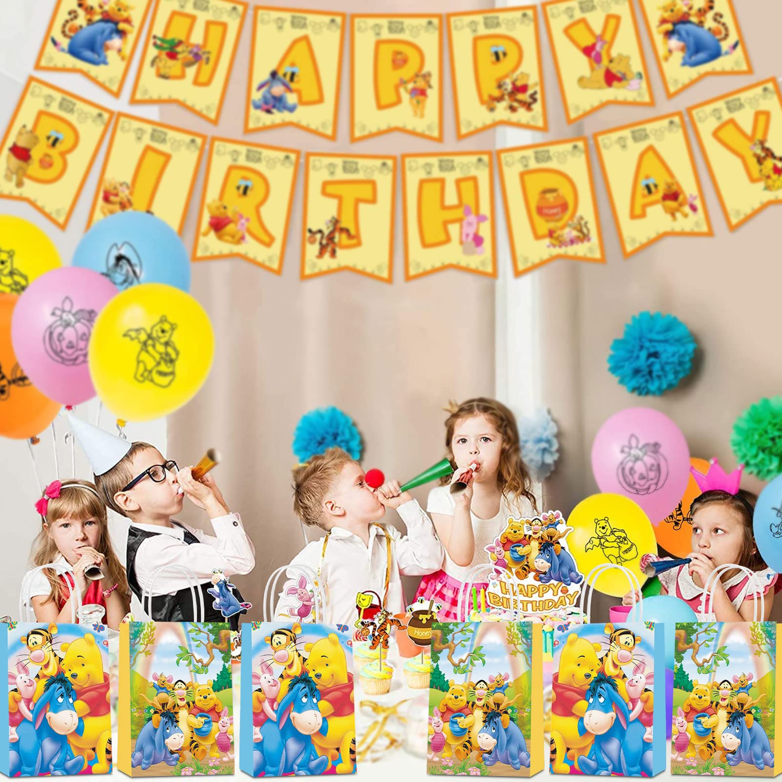 16 Pack Winnie the Pooh Party Favor Bags with Handles - 2 Styles Cute Pooh Bear Themed Gift Bags for Candy, Treats & Goodies | Perfect for Kids Birthday Parties, Baby Showers & Disney Themed Events