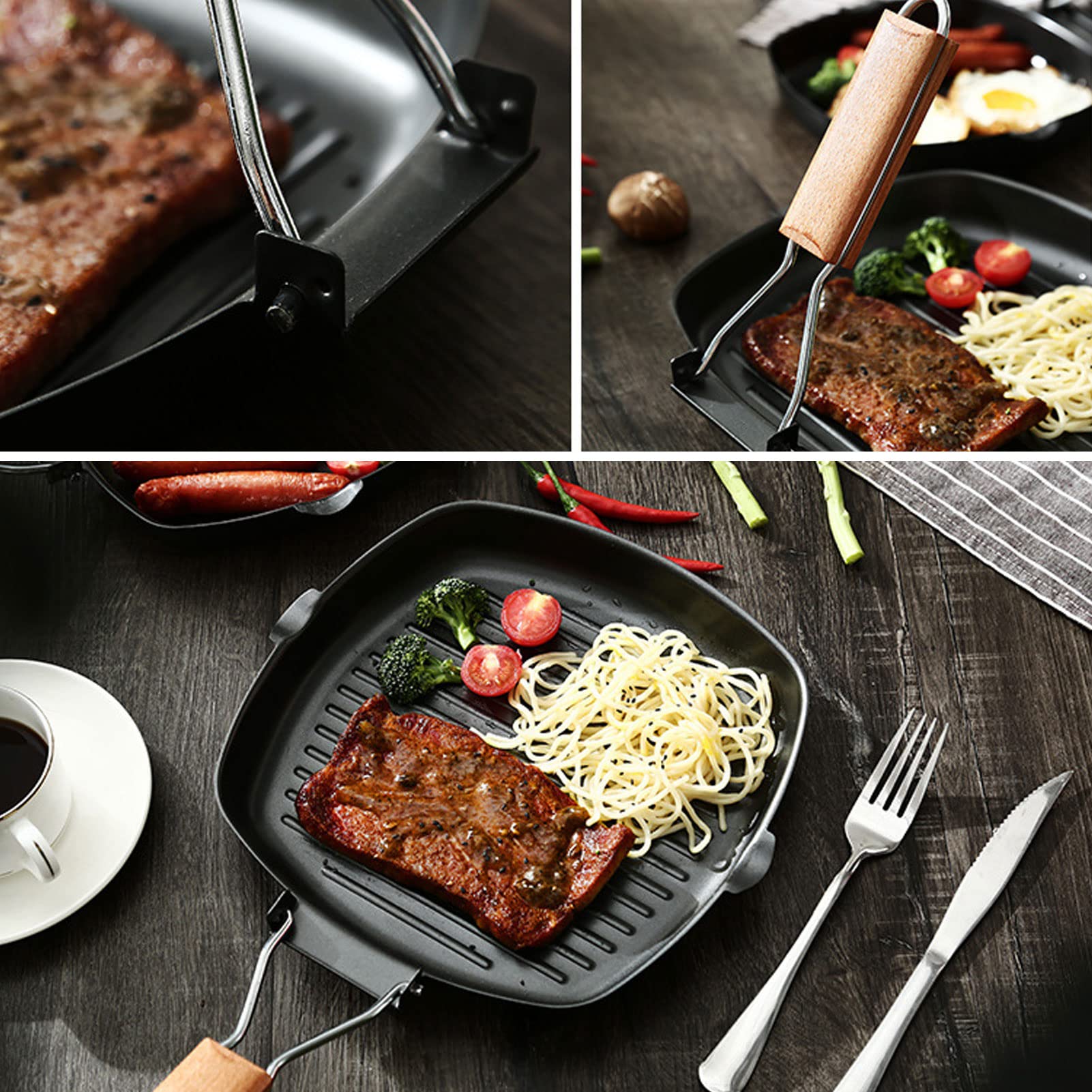Premium Cast Iron Grill Pan - Large 28x20cm Nonstick Steak Griddle with Folding Beech Handle - Perfect for BBQ, Camping & Home Cooking - Heavy Duty Striped Grill Pan for Steaks, Burgers & Vegetables