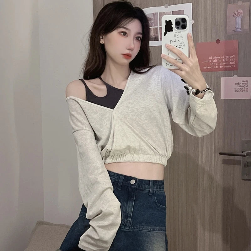 Women's Autumn Fake Two Piece Set - Sexy O-Neck Loose Hoodie & Pants, Trendy Streetwear Korean Style Outfit for Casual Wear, Dating, and Fall Fashion