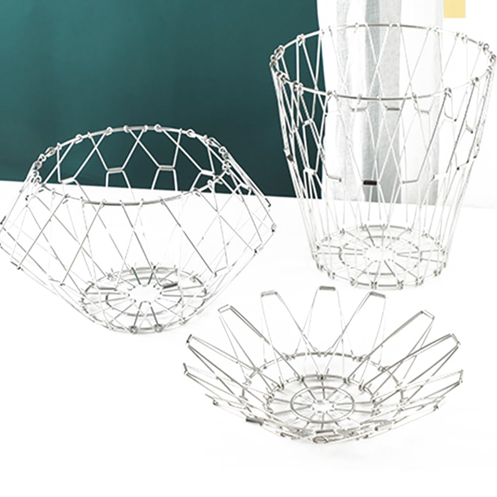 Foldable Stainless Steel Wire Fruit Basket - Multipurpose Kitchen Storage Organizer for Fruits, Vegetables, Bread | Durable & Space-Saving | Perfect for Countertop, Pantry, and Dining Table Organization