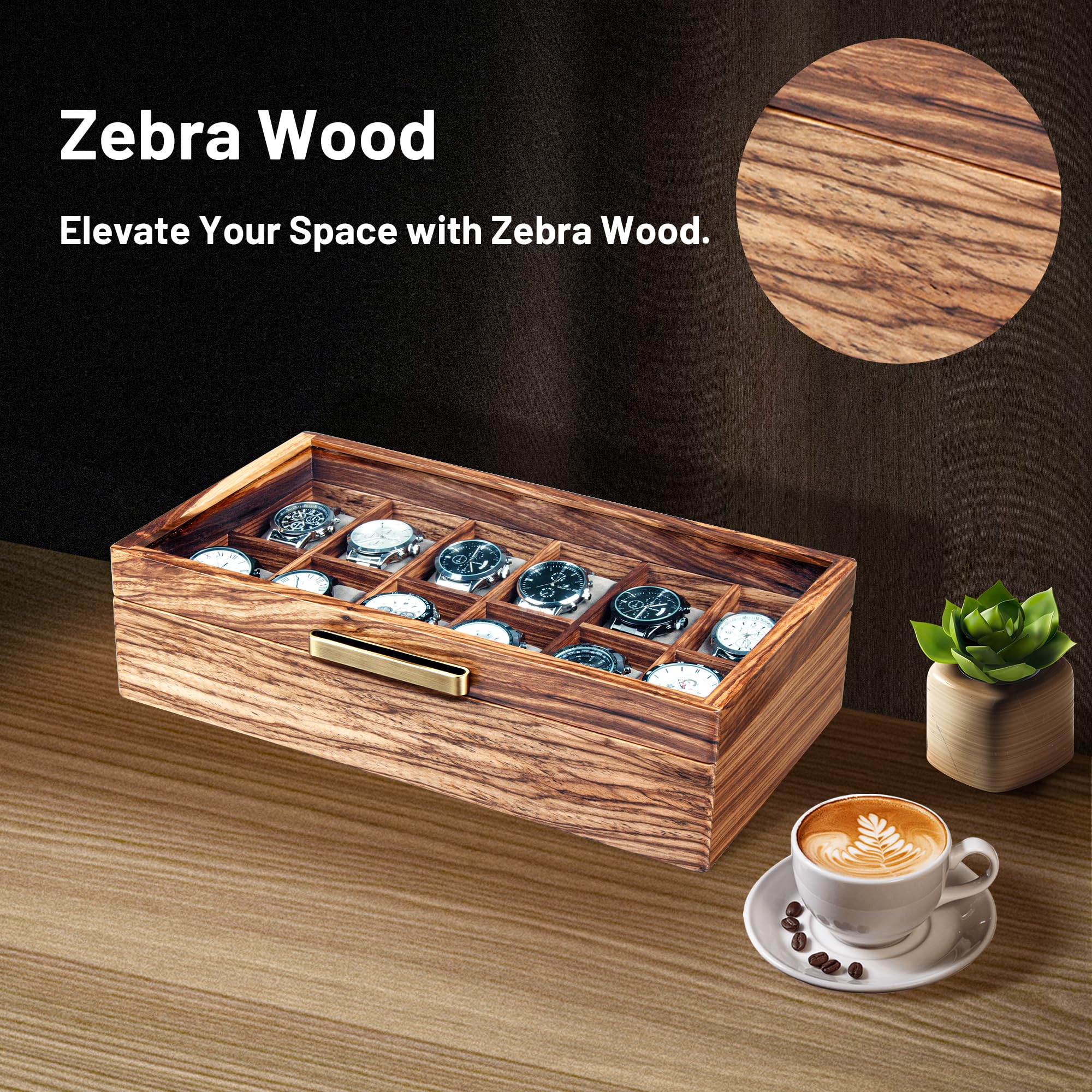Premium Zebra Wood Watch Case for Men - 12-Slot Luxury Watch Box with Glass Lid & Soft Pillows | Watch Holder, Display Case & Organizer | Perfect Gift for Watch Collectors & Travel Storage Solution