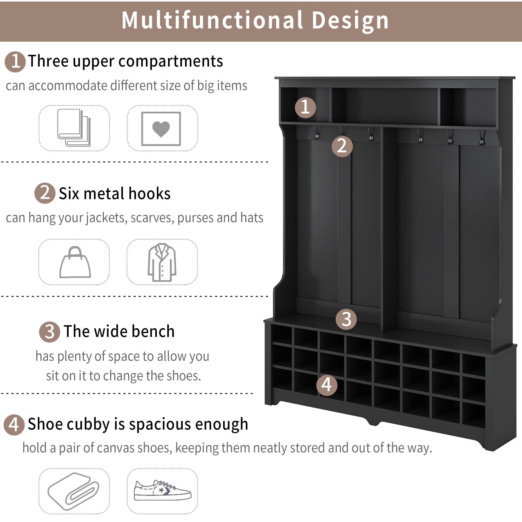Large Entryway Coat Rack with Shoe Storage - 24-Cube Organizer, 6 Hooks & 3 Shelves - Hall Tree Bench for Shoes, Jackets & Bags - Perfect for Foyers, Mudrooms & Apartments (Black)