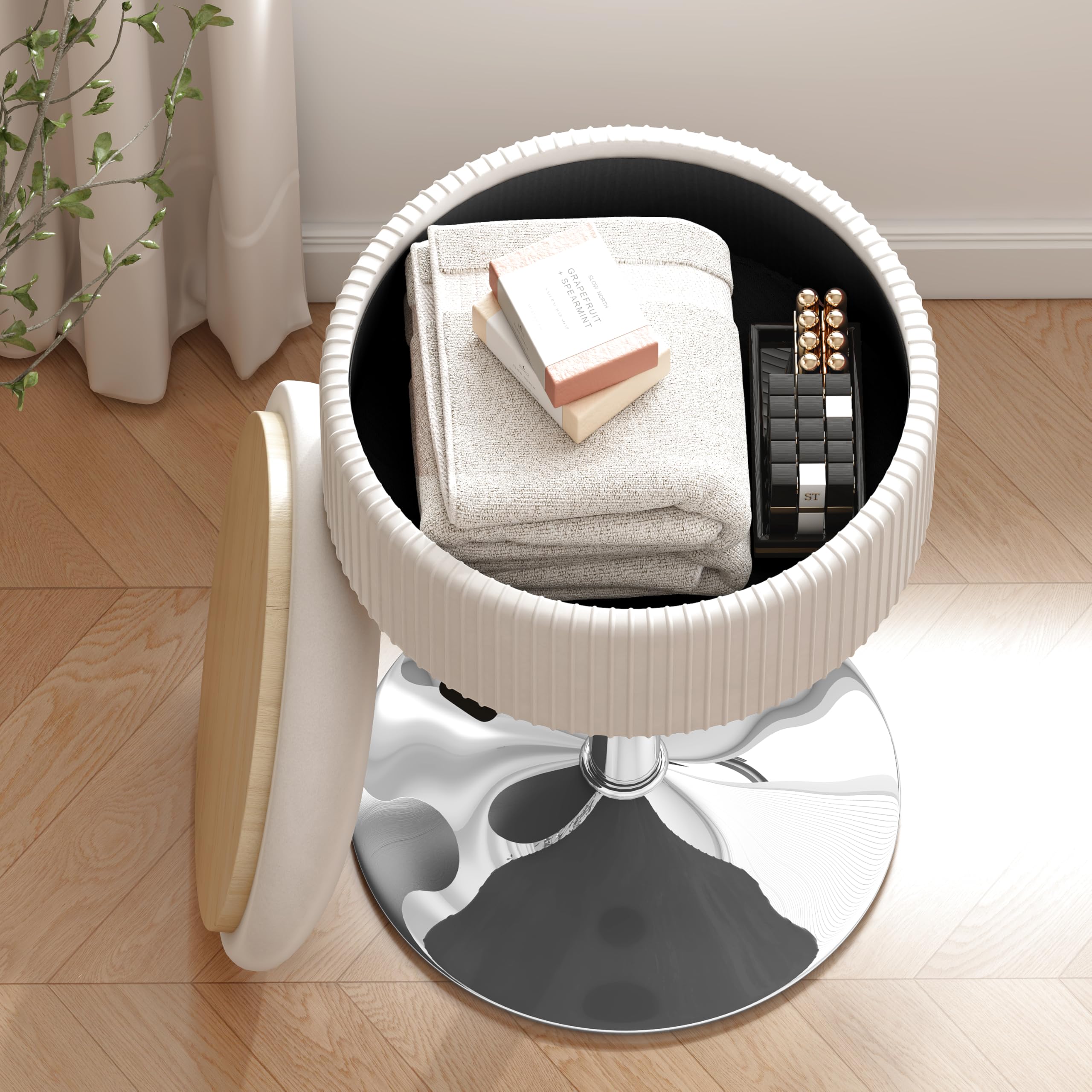 ACEQLYT® White Vanity Stool with Storage - Adjustable Swivel Makeup Chair with Faux Fur Seat for Bedroom & Dressing Room | Perfect for Vanity Table, Makeup Room, and Home Decor