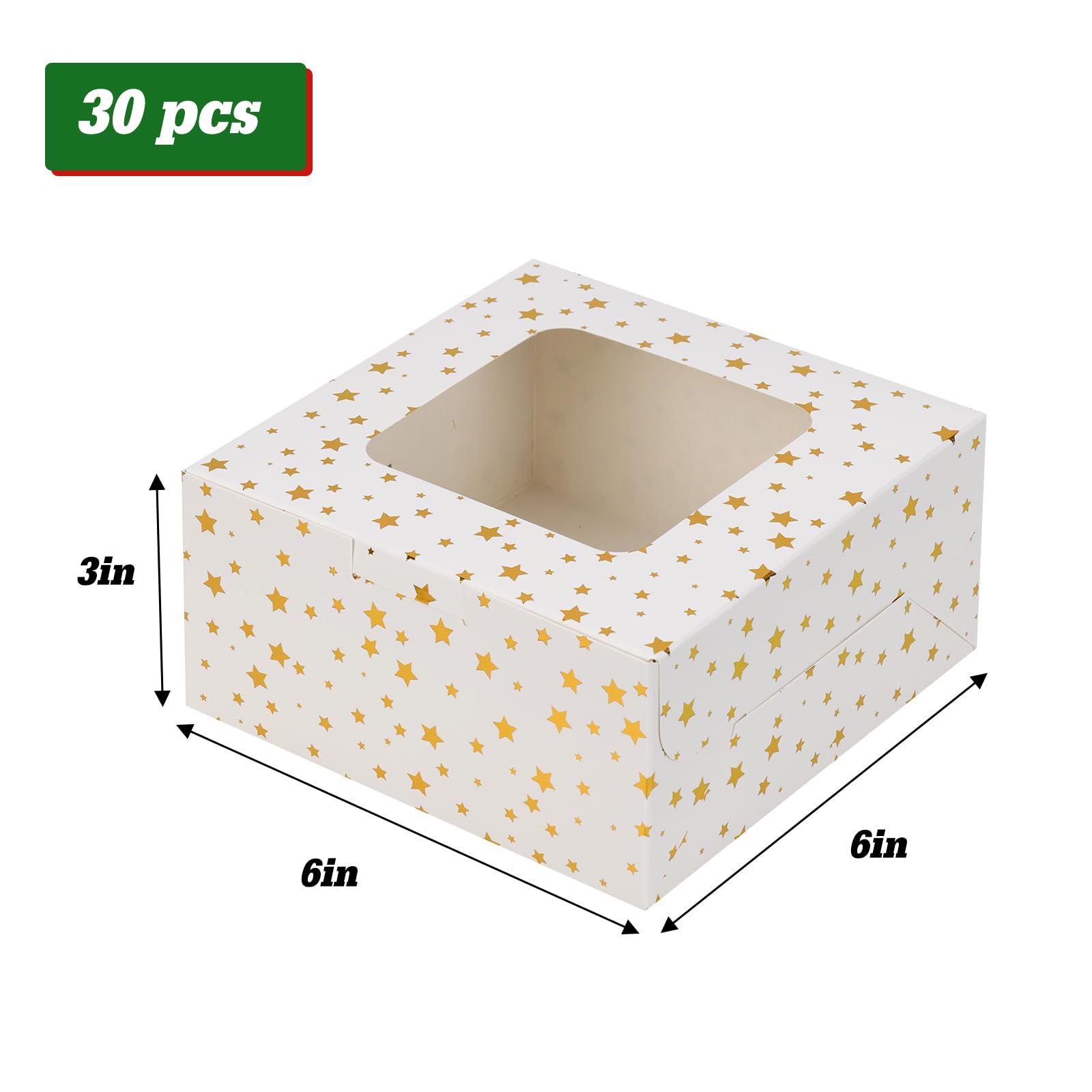 Moretoes 30pcs 6x6x3in Christmas Cookie Boxes with Window & Gold Foil Star - White Bakery Gift Boxes for Holiday Treats, Cupcakes, Donuts, Candy & Pastry Packaging - Perfect for Xmas Gifts, Dessert Parties & Cookie Exchanges