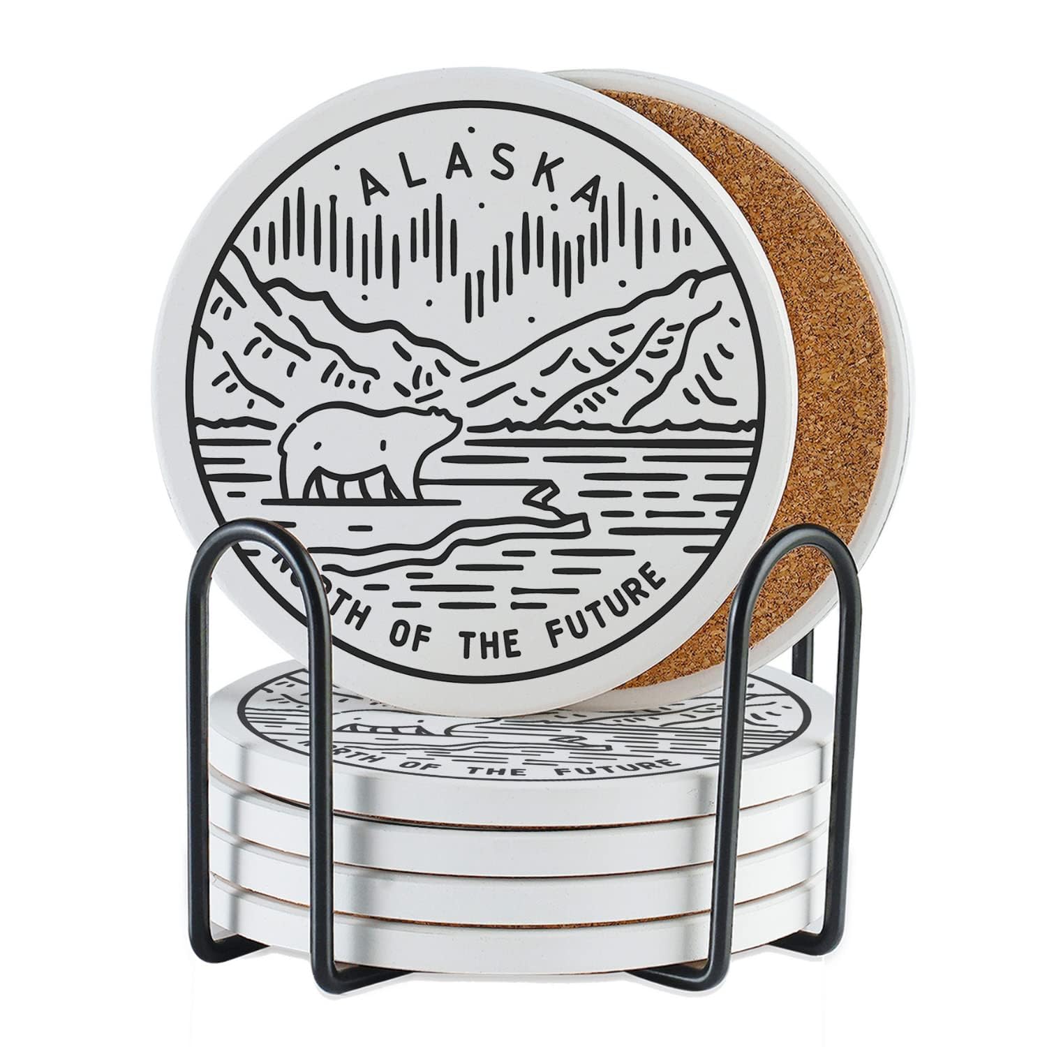 Onebttl Alaska Themed Coasters Set of 6 - Absorbent Ceramic Drink Coasters with Cork Base - Perfect Travel Souvenir, Homesick Gift, Housewarming Present for Women - Ideal for Coffee Tables, Office Desks & Home Decor
