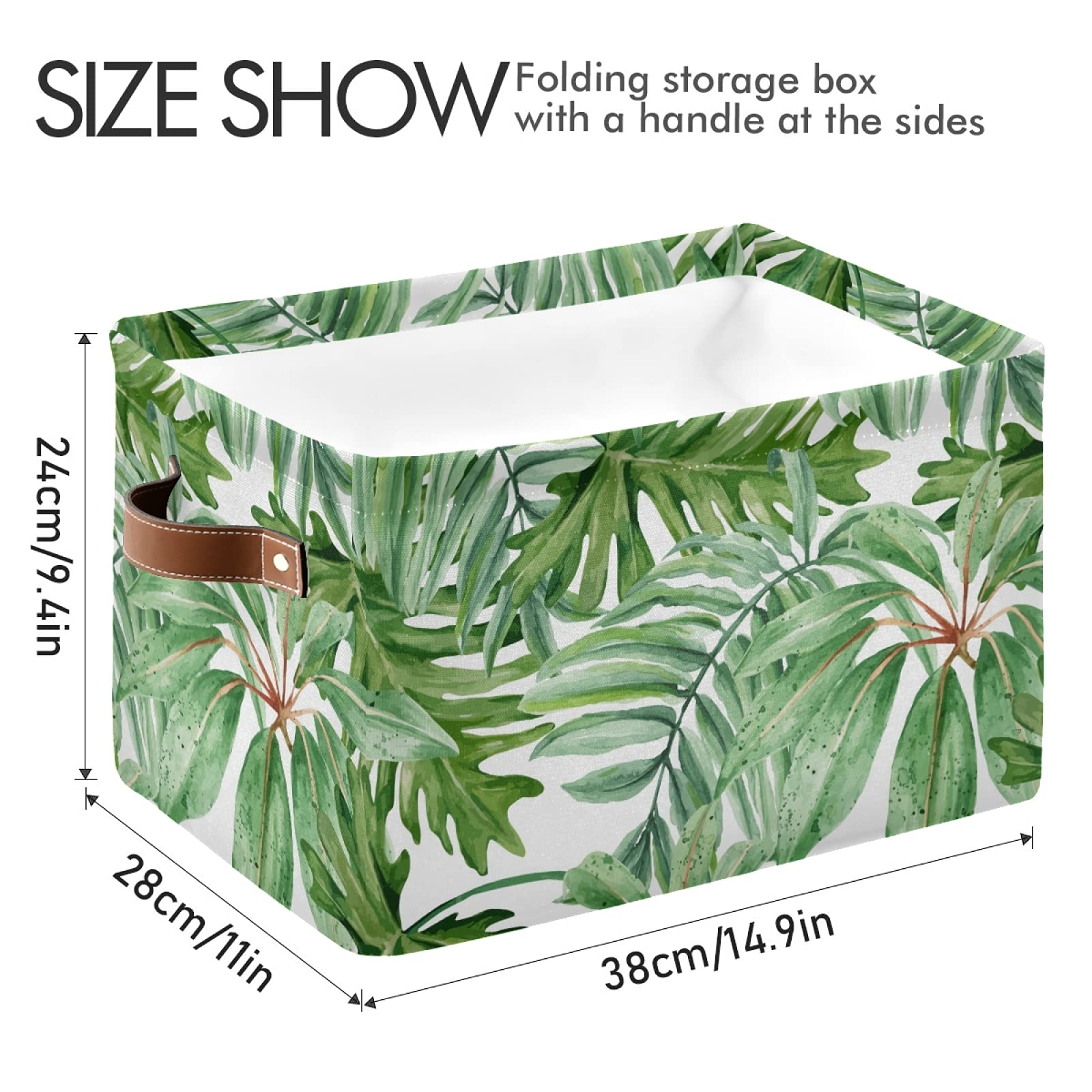 Susiyo Large Foldable Storage Bin - Green Tropical Leaves Fabric Collapsible Basket with PU Handles | Decorative Organizing Bin for Shelves, Closet, Bedroom & Living Room | Perfect for Home Organization, Laundry Storage & Toy Collection (1-Pack)