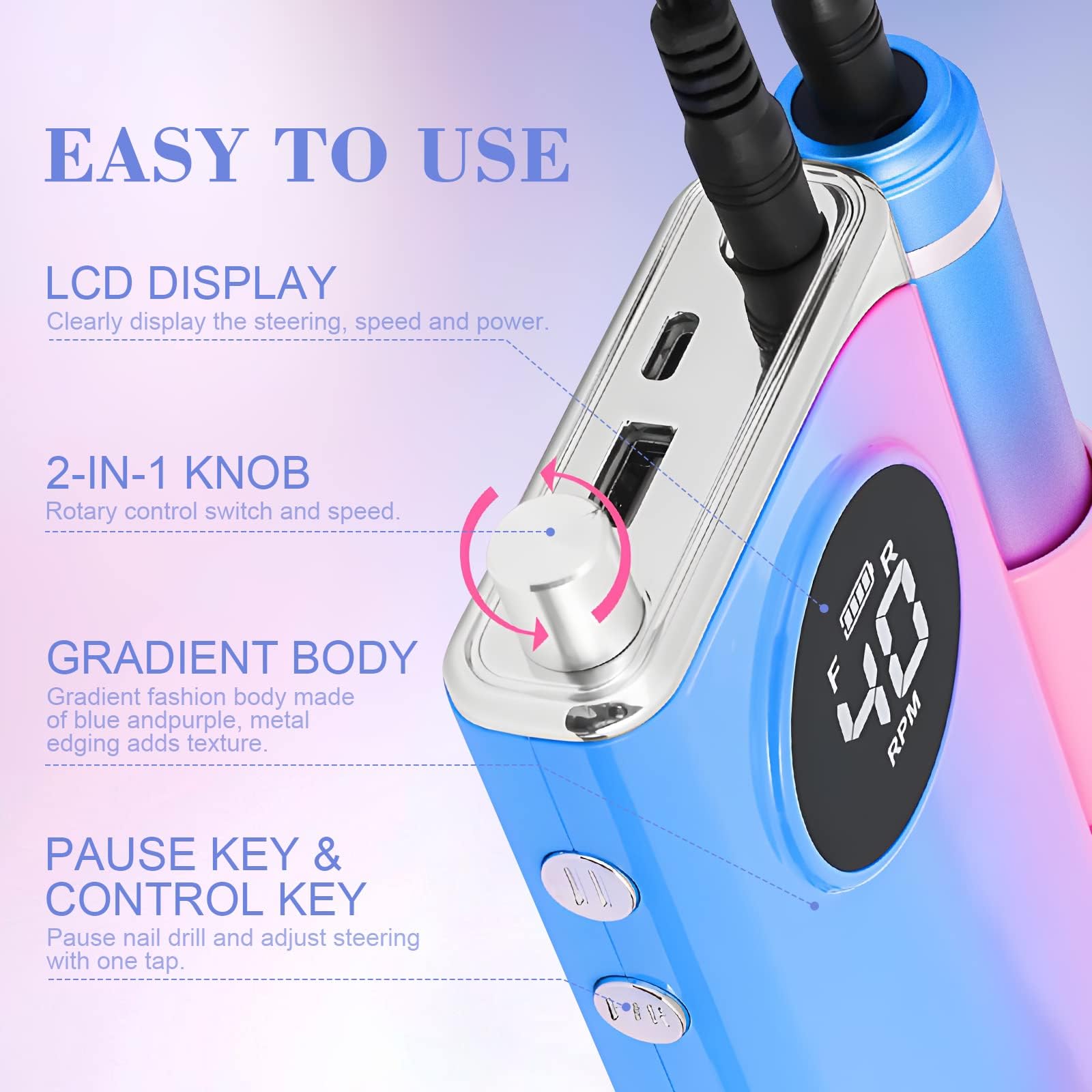 SAVILAND Professional Electric Nail Drill Kit - 40000RPM High Speed Portable Nail File with 12 Drill Bits & Rechargeable Battery for Acrylic Gel Nails, Manicure & Pedicure | Perfect for Salon Use & Home Nail Care