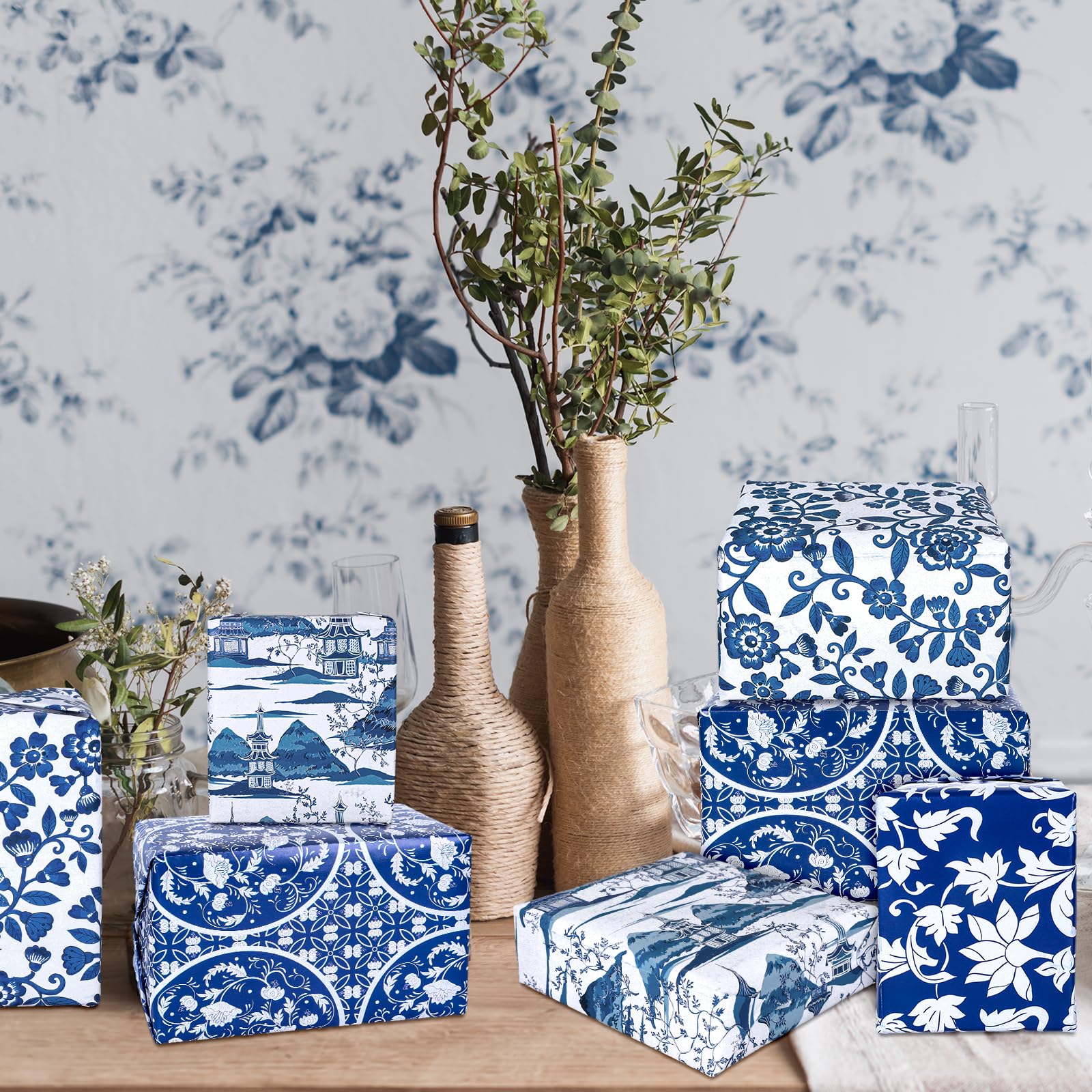 Premium Whaline 12-Sheet Blue Chinoiserie Wrapping Paper Set - 19.7
