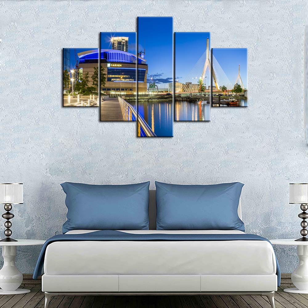5-Piece Canvas Wall Art Set - Zakim Bridge & TD Garden Stadium Painting, USA Landmark Sunset Landscape, Contemporary Framed Home Decor for Bedroom, Living Room, Office (60x40 Inches, Ready to Hang)