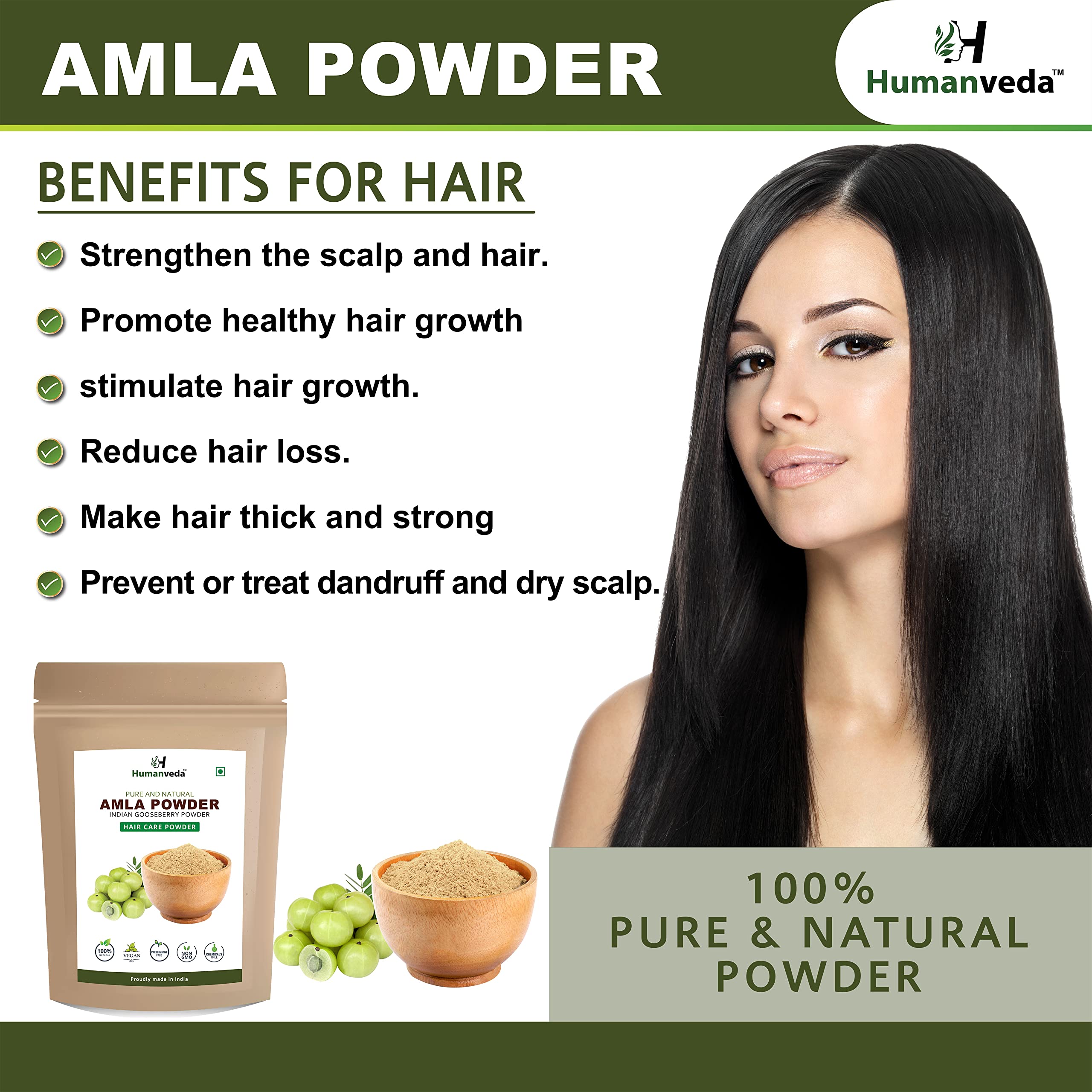 Humanveda Natural Bhringraj & Amla Powder for Hair Growth & Skin Care - Herbal Eclipta Alba & Indian Gooseberry Blend (200g) | Promotes Healthy Scalp & Glowing Skin | DIY Hair Masks & Ayurvedic Beauty Treatments