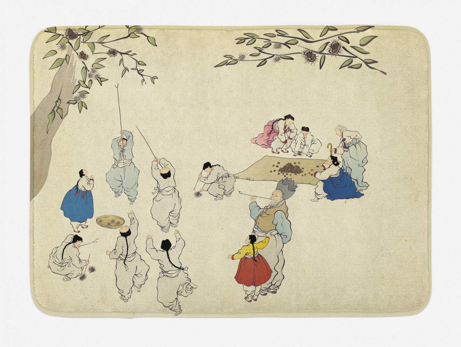 Lunarable Korean Folk Painting Minhwa Autumn Chestnut Tree Fruit Picking Bath Mat - Non-Slip Plush Bathroom Rug, 30.2 x 20 Inches, Eggshell & Multicolor - Perfect for Farmhouse, Boho, or Traditional Home Decor
