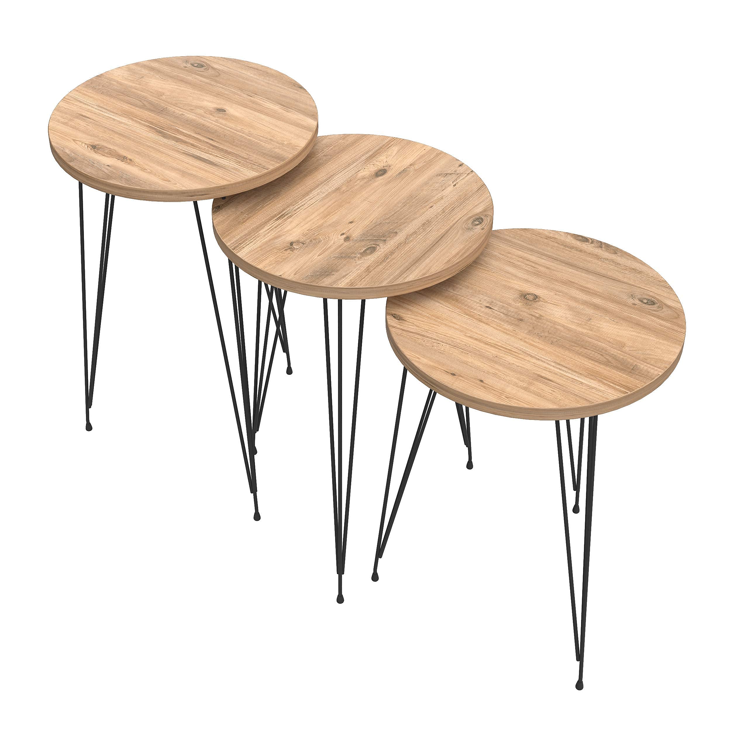PAK HOME Set of 3 Round Pine Wood Nesting End Tables with Metal Legs - Stackable Coffee Side Accent Tables for Living Room, Bedroom Nightstand, Home Office - Perfect for Small Spaces, Apartment Decor & Modern Furniture Arrangement