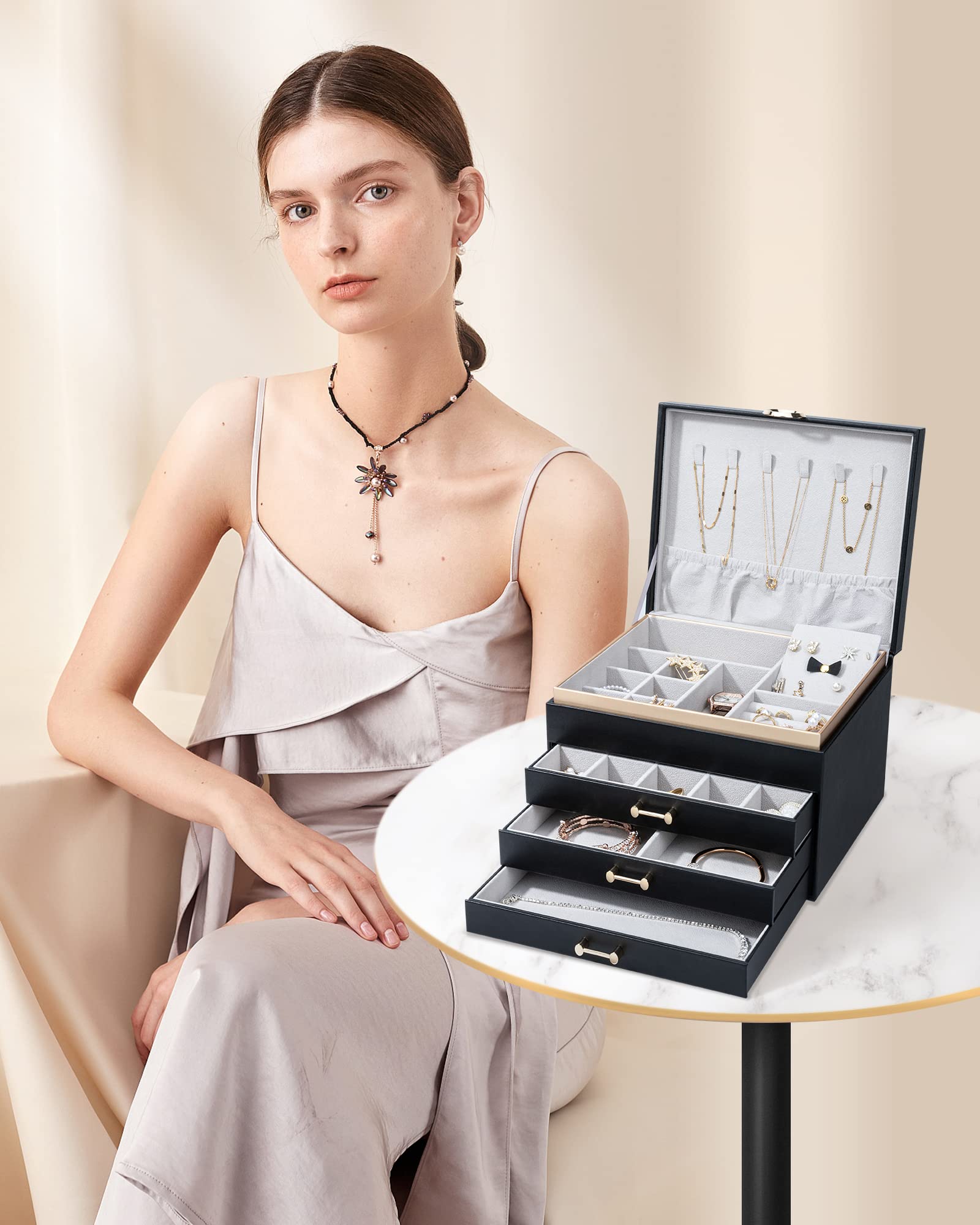 4-Layer Large Jewelry Organizer Box for Women with 3 Drawers - Modern Storage Case for Earrings, Rings, Bracelets & Necklaces (Black) | Perfect for Bedroom Vanity, Travel & Gift Giving