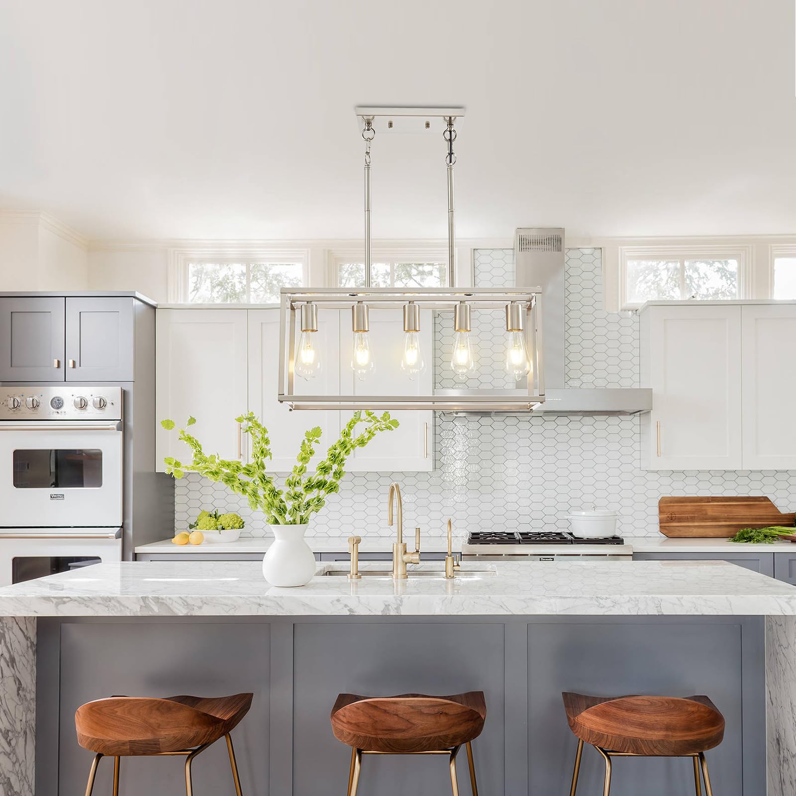 5-Light Modern Linear Pendant Lighting for Kitchen Island & Dining Room - Adjustable Height Brushed Nickel Chandelier with E26 Base - Perfect for Contemporary Home Decor & Restaurant Lighting
