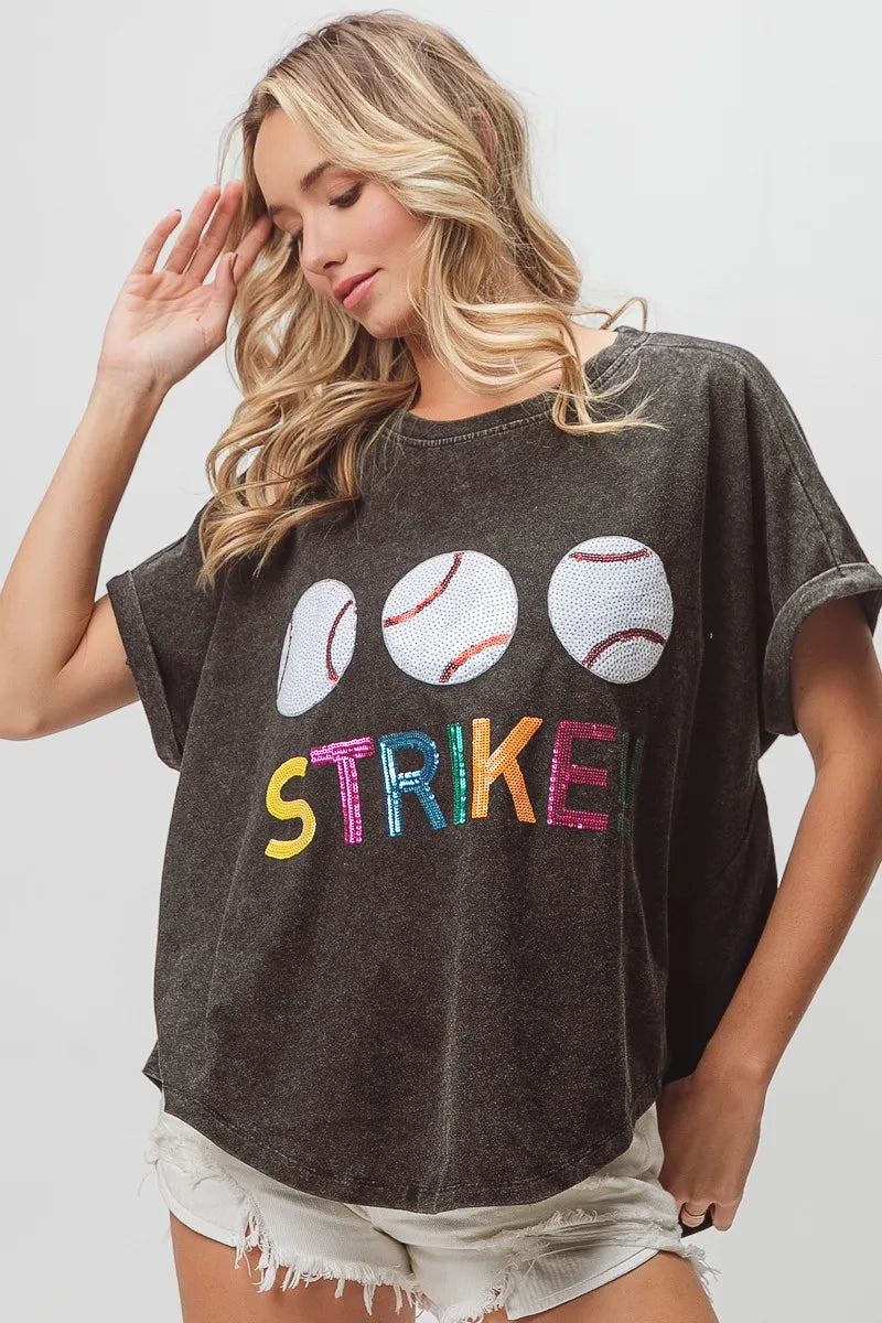 BiBi Sequin Baseballs Strike Washed Short Sleeve T-Shirt | Trendy Casual Top for Women | Perfect for Parties, Concerts & Night Out