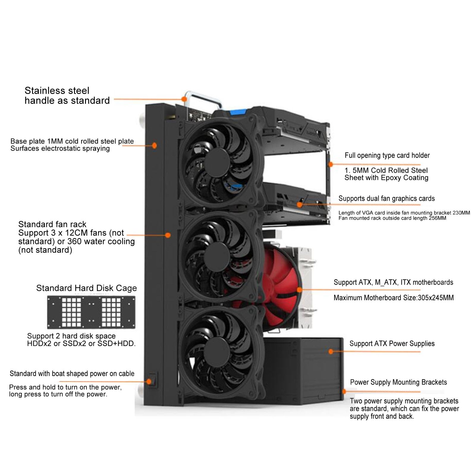 Steel ATX Open Frame Computer Case - DIY Gaming PC Chassis for ATX/Micro ATX/Mini ITX Motherboards with Handle | Perfect for Custom Builds, Bench Testing & LAN Parties