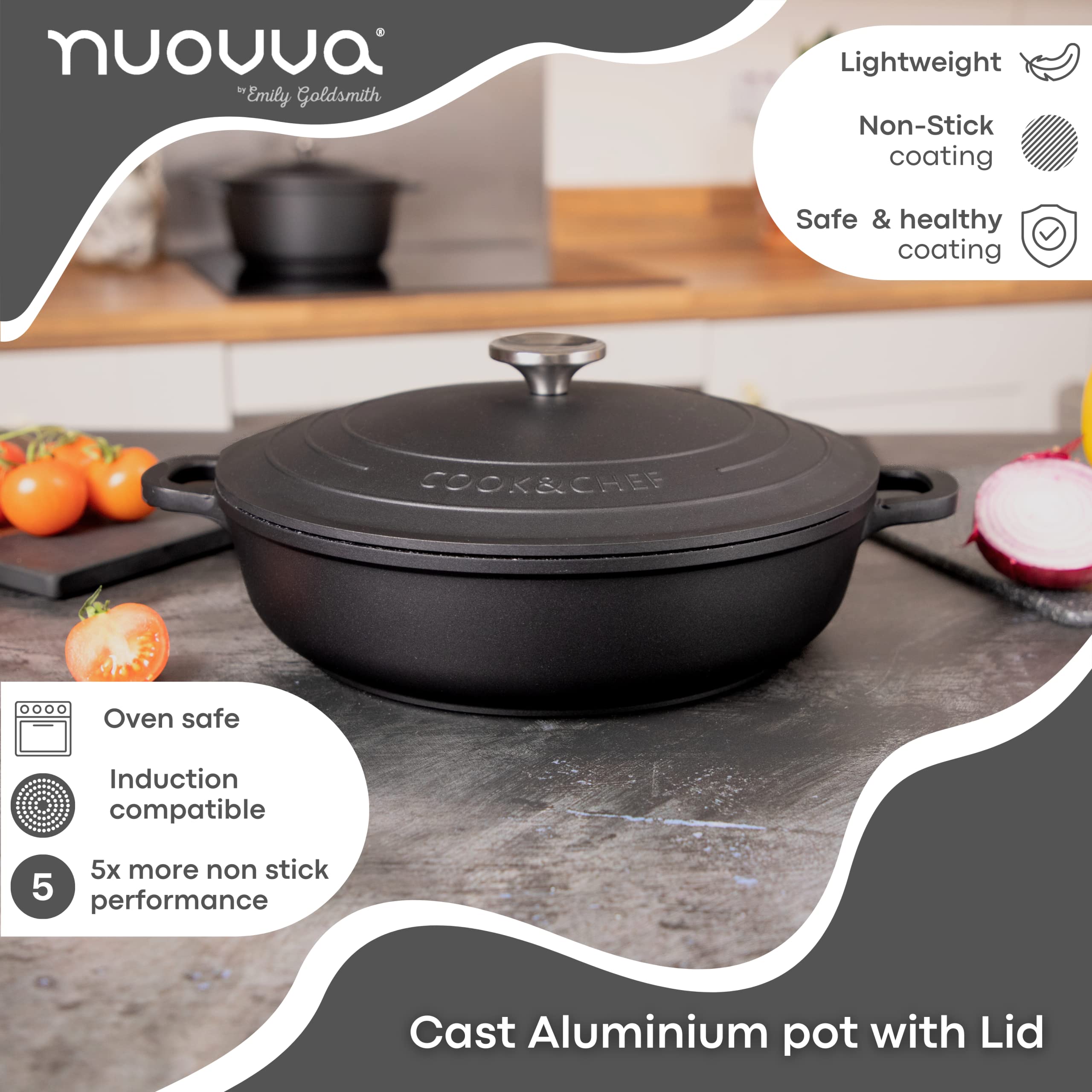 Premium 4-Quart Dutch Oven with Lid - Nonstick Cast Aluminum Cooking Pot for Baking Sourdough Bread, Stews & Roasts - Oven & Stovetop Safe (11 Inch, Black) by Nuovva - Perfect for Camping, Family Dinners & Professional Kitchens