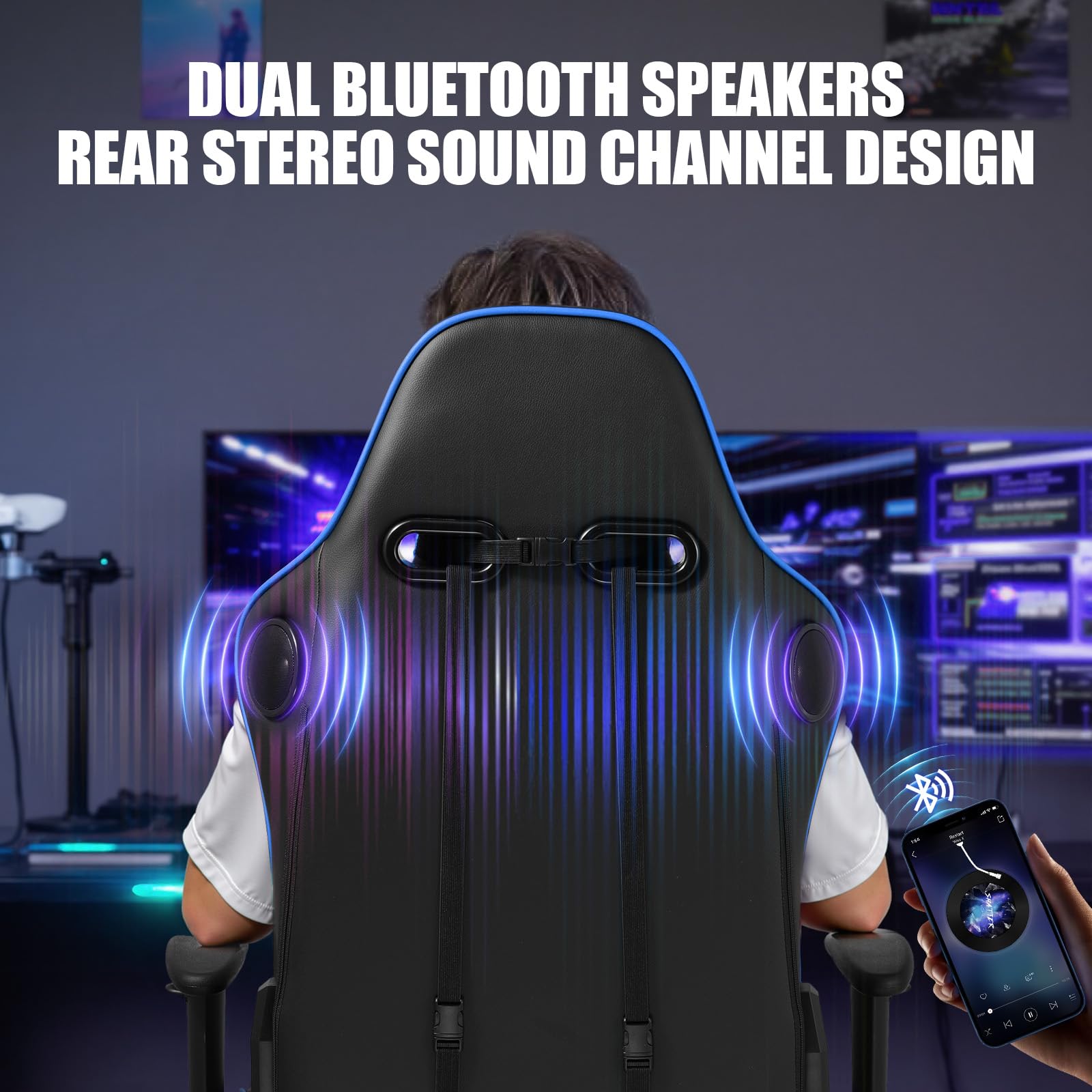 GTPLAYER Bluetooth Gaming Chair with Built-in Speakers - Ergonomic Reclining Video Game Chair for Adults & Kids - Adjustable Height, Lumbar Support & Footrest - Perfect for PC Gaming, Console Gaming & Home Office (Blue)