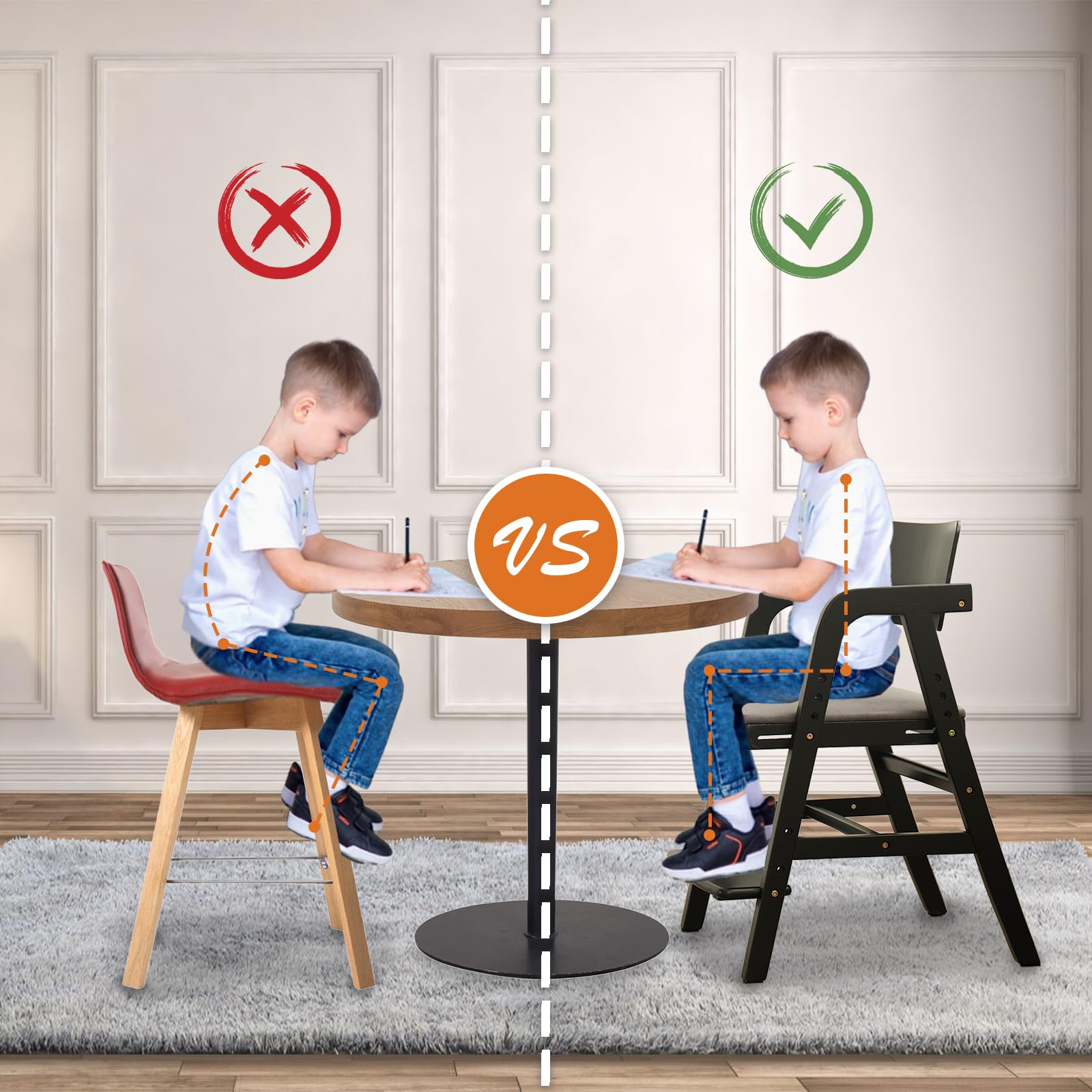 **Adjustable Wooden High Chair for Babies & Toddlers - Kids Dining Chair with Removable Cushion - Safe & Sturdy Toddler Counter Chair for Mealtime, Study & Play (Black)**