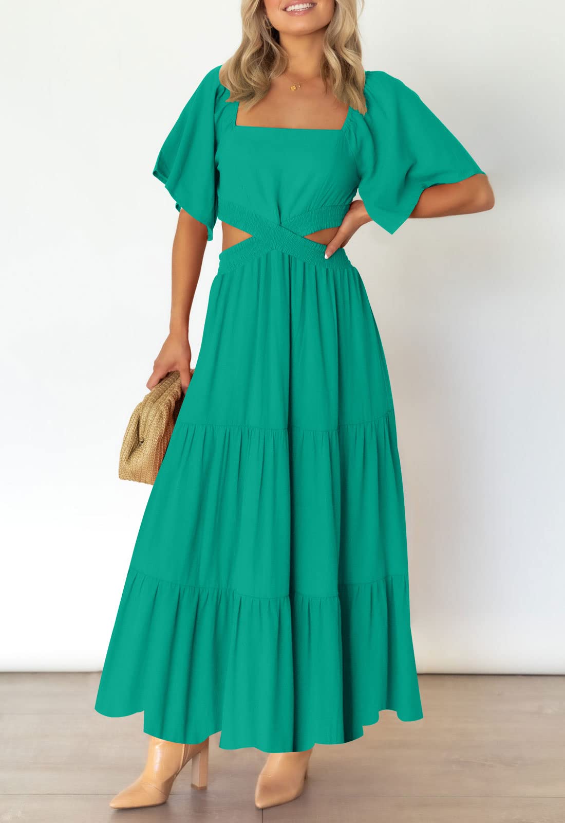 LEANI Women's 2025 Summer Cutout Maxi Dress - Square Neck Short Sleeve Crossover Waist Flowy Beach Dress for Casual Wear, Party & Vacation