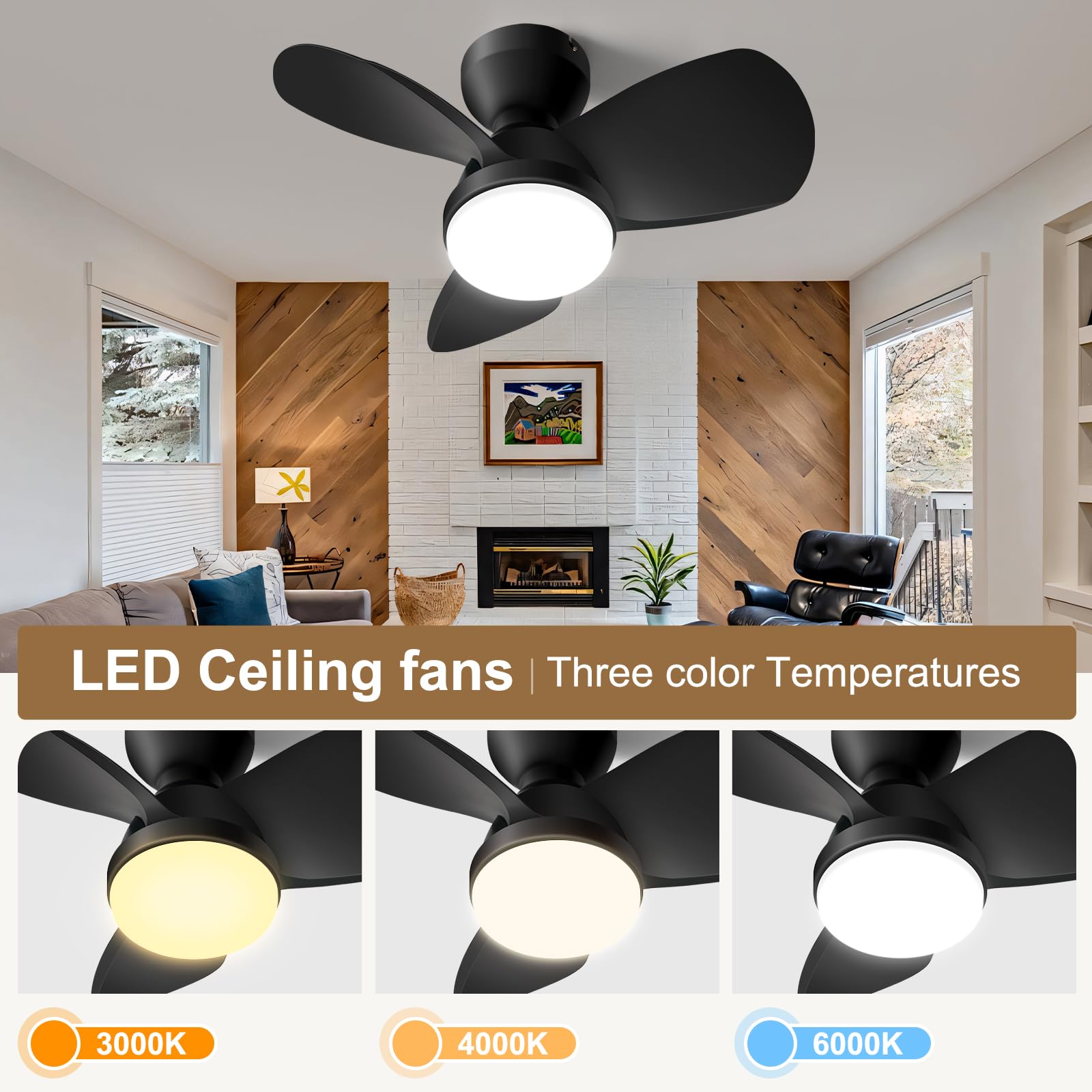 OKELI 24 Inch Small Ceiling Fan with Light - 6 Speed DC Motor, Dimmable, Noiseless, Reversible Blades, Timer - Indoor/Outdoor Use for Bedroom, Patio, Living Room, Office - Damp Rated, Black Finish