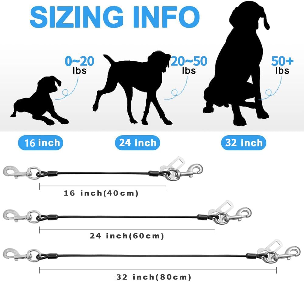 2 Pack Dog Seat Belt Harness for Car - 16 Inch/40CM No Chew Safety Restraint with Double Clips & Latch - Red & Blue Coated Wire Leash for Small to Medium Dogs - Perfect for Road Trips & Safe Car Travel