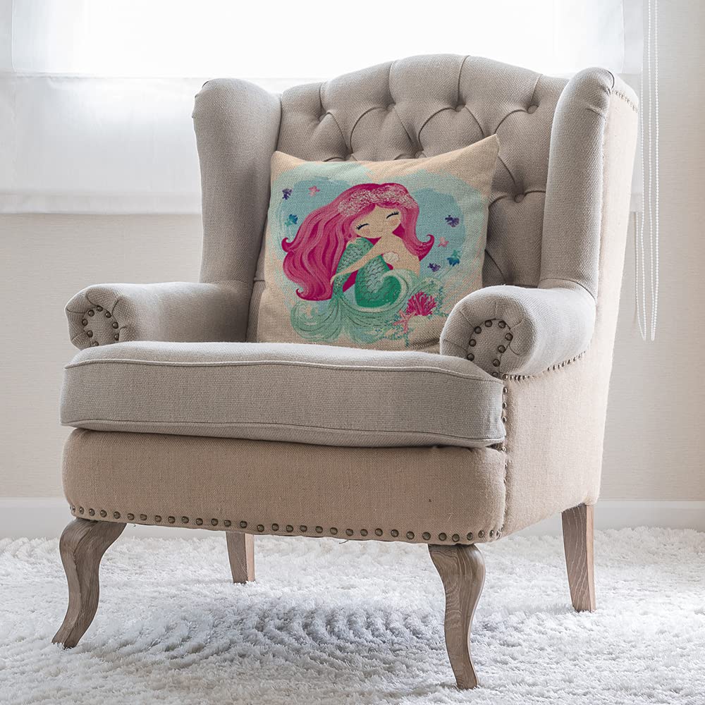 Mermaid Throw Pillow Covers 18x18 Inch - Fantasy Fish Girl & Seashell Design Decorative Cushion Case for Sofa, Bed, Couch - Perfect for Kids Room, Nursery, Beach House Decor