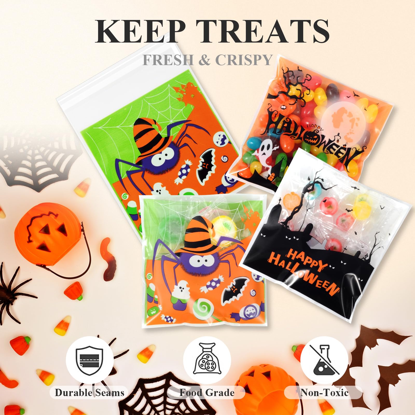 100 Pack 4'' Halloween Treat Bags - Self-Adhesive Small Candy Snake Goodie Bags for Halloween Party Favors, Trick or Treat, Candy & Cookie Packaging - Perfect for Classroom Treats, Halloween Party Decorations & Gift Giving