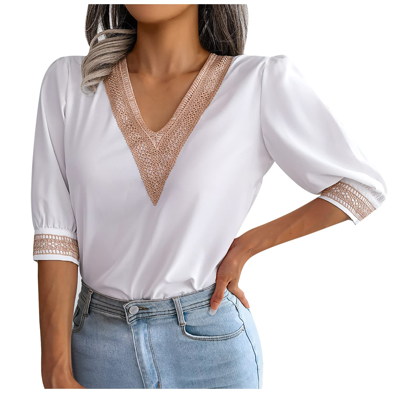 Vintage Women's Tops - Elegant Ethnic Style Half Sleeve Lace V-Neck Blouse for Business Casual & Office Wear | Perfect for Work, Date Night & Special Occasions