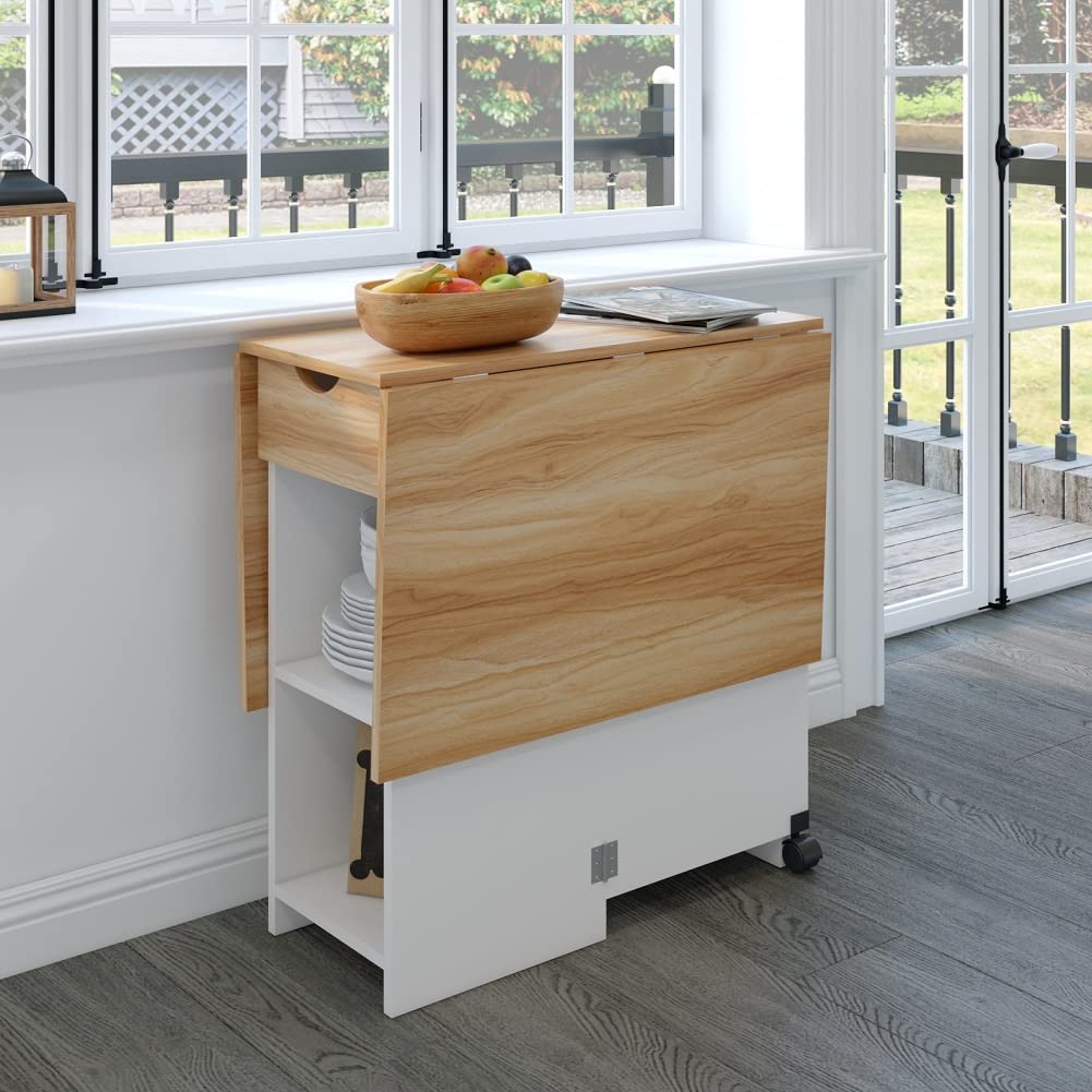 Space-Saving Drop Leaf Folding Dining Table with 1 Drawer & 2 Open Shelves - Modern Kitchen Table for Small Spaces in White & Red Oak - Perfect for Apartments, Breakfast Nooks & Compact Dining Areas