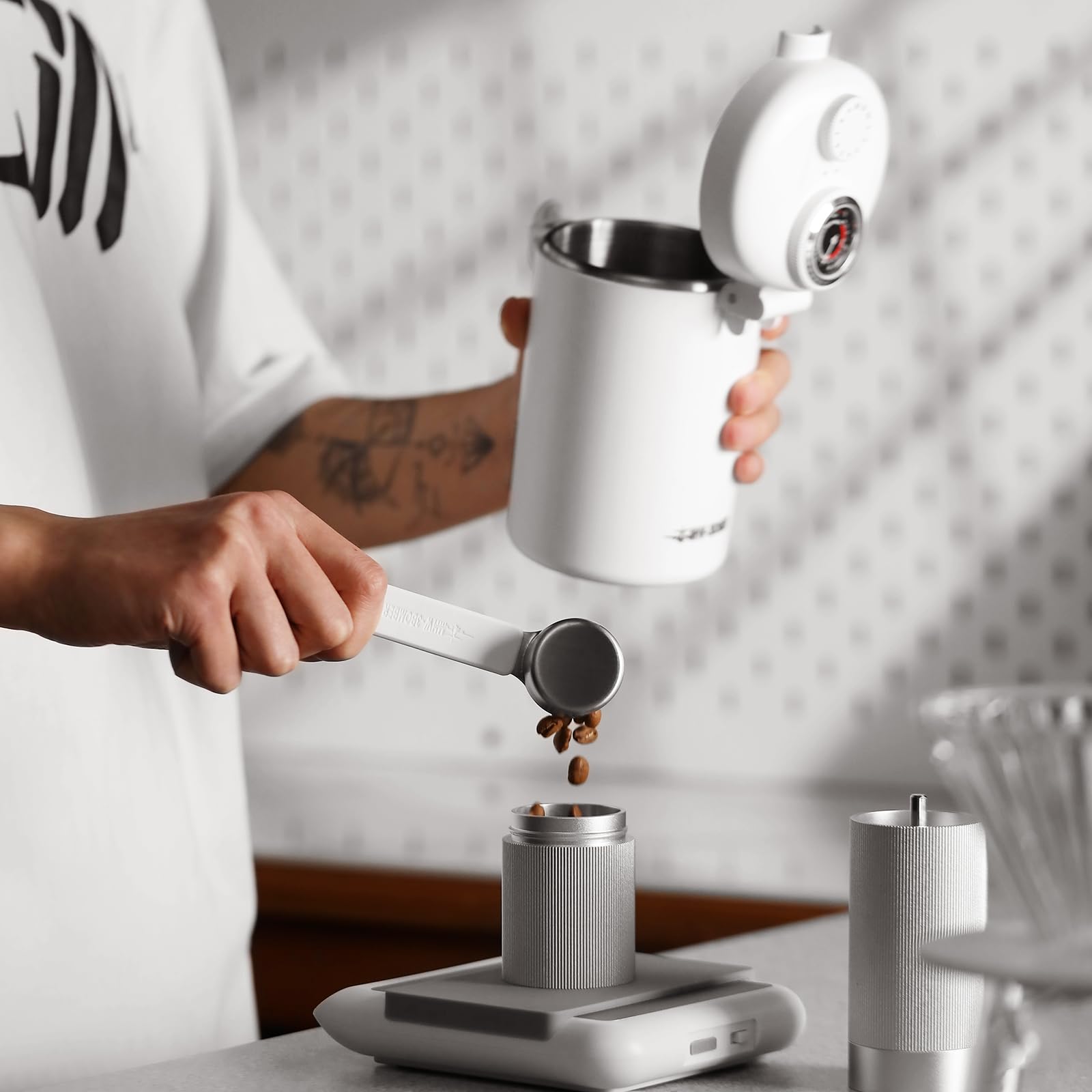 Premium Electric Conical Burr Coffee Grinder with Airtight Canister - Adjustable Grind Size for Espresso, Drip & French Press - Compact Countertop Design for Home & Office Use (White)