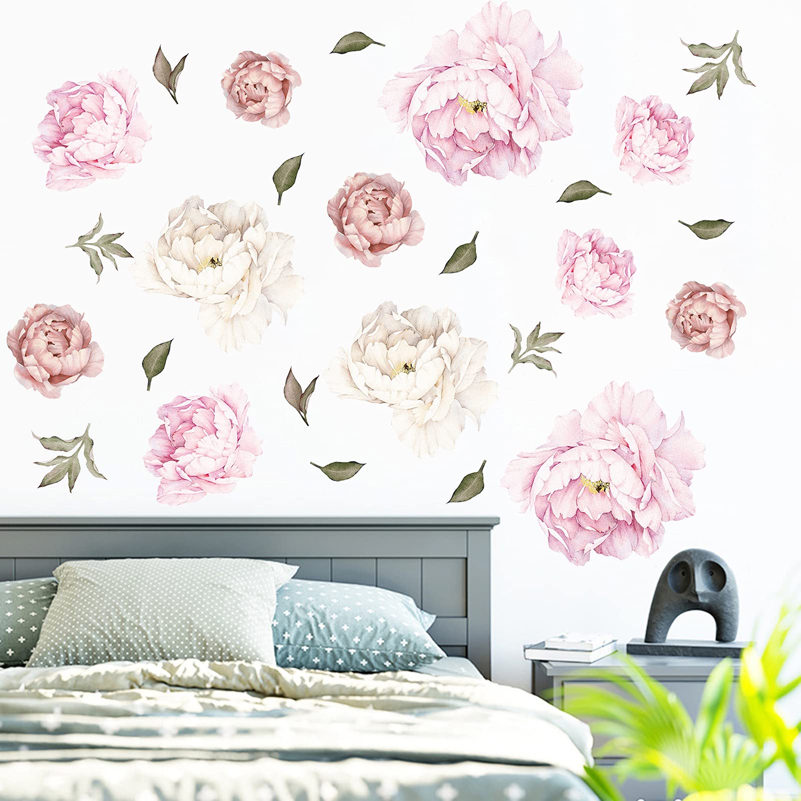 Watercolor Peonies & Roses Wall Decals - 2 Pack Floral Vinyl Peel and Stick Wall Art for Bedroom & Living Room Decor | Perfect for Home, Nursery, Dorm & Office Wall Stickers