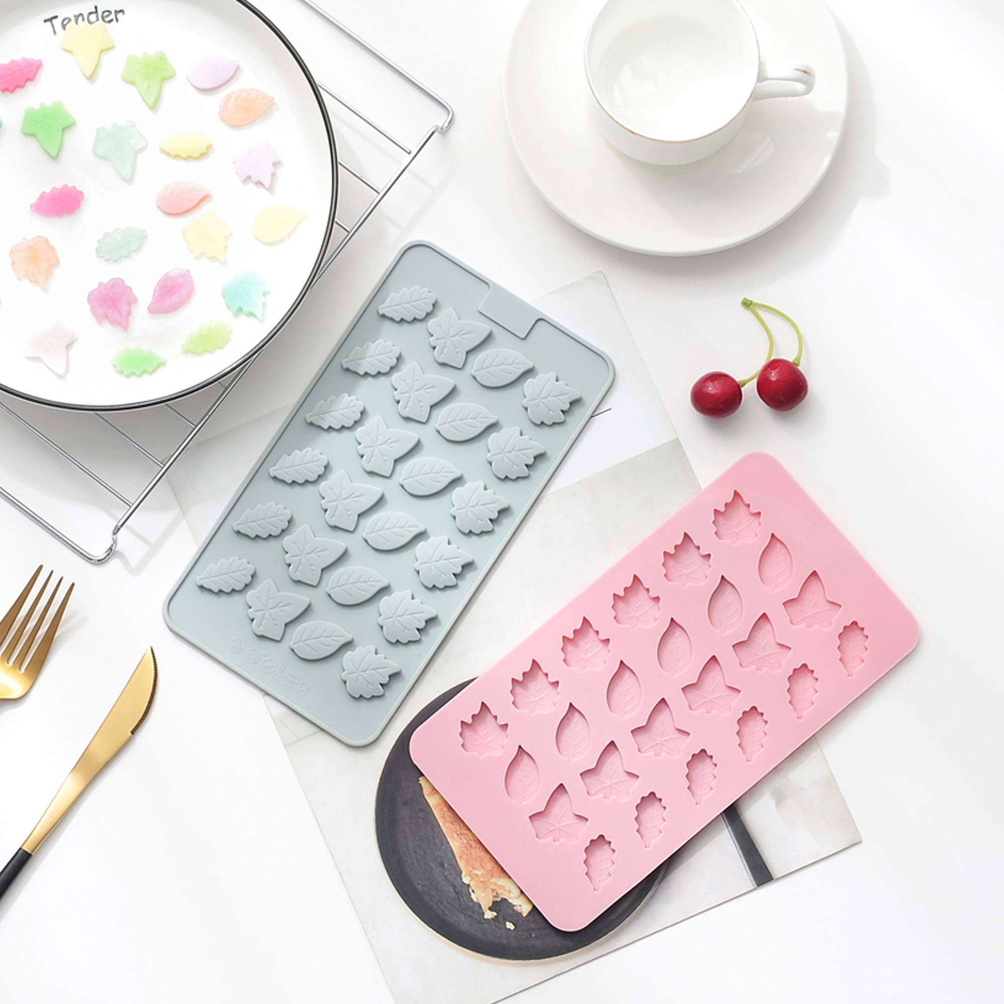 Verdental 2-Piece Small Silicone Leaf Candy Molds Set - Non-Stick Chocolate, Gummy, Cake Decorating & Ice Cube Molds (Blue & Pink) - Perfect for DIY Desserts, Party Treats & Holiday Baking
