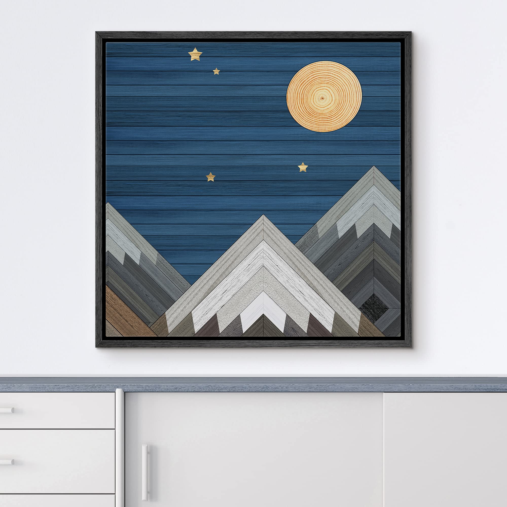 IDEA4WALL Framed Canvas Print - Western Decor Wood Block Night Moon Sky Mountain Range Nature Wilderness Art - Modern Decorative Wall Art for Living Room, Bedroom, Office - 16