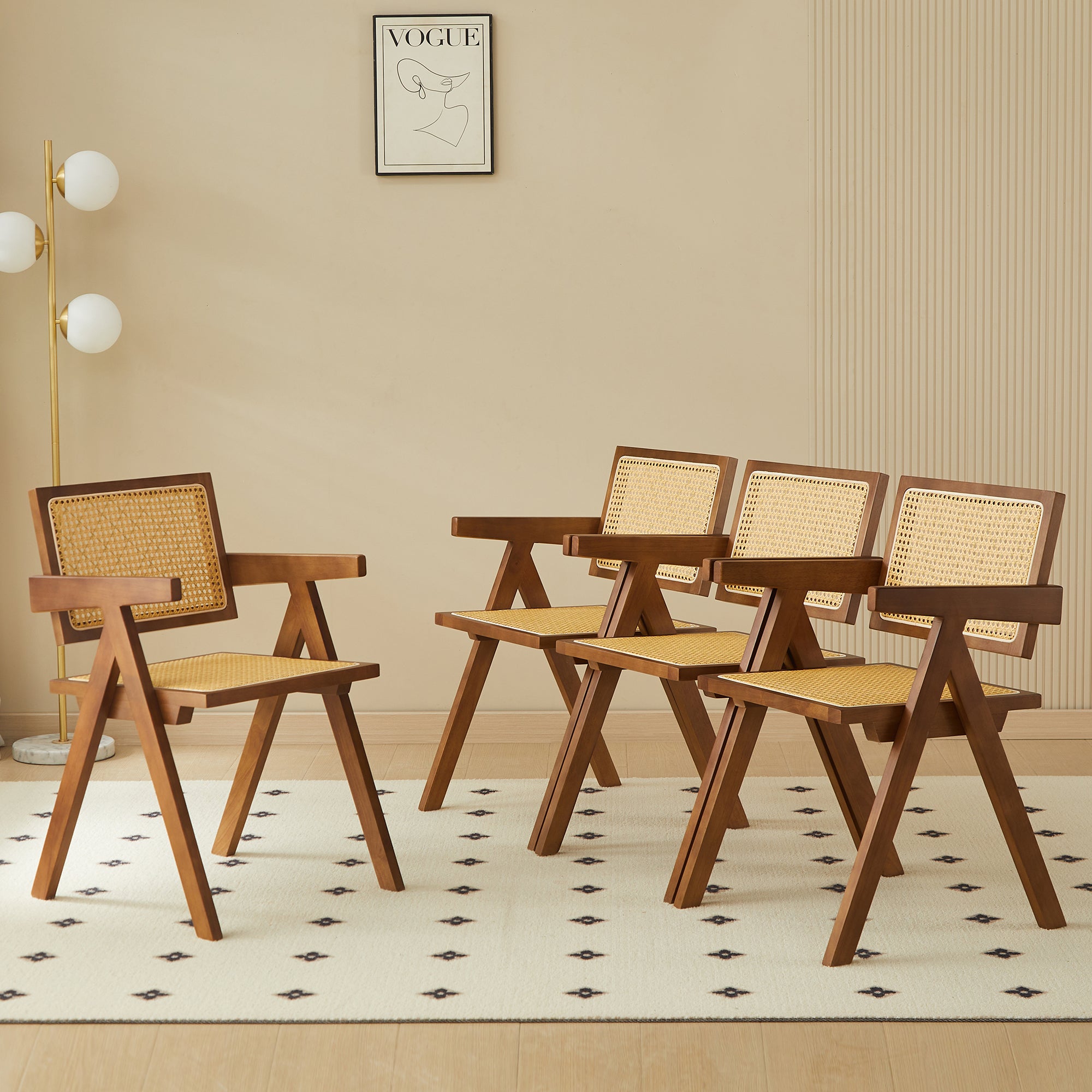 Solid Wood Dining Chairs with Armrests - Natural Rubber Wood & Rattan Woven Design for Kitchen, Dining Room, or Outdoor Patio