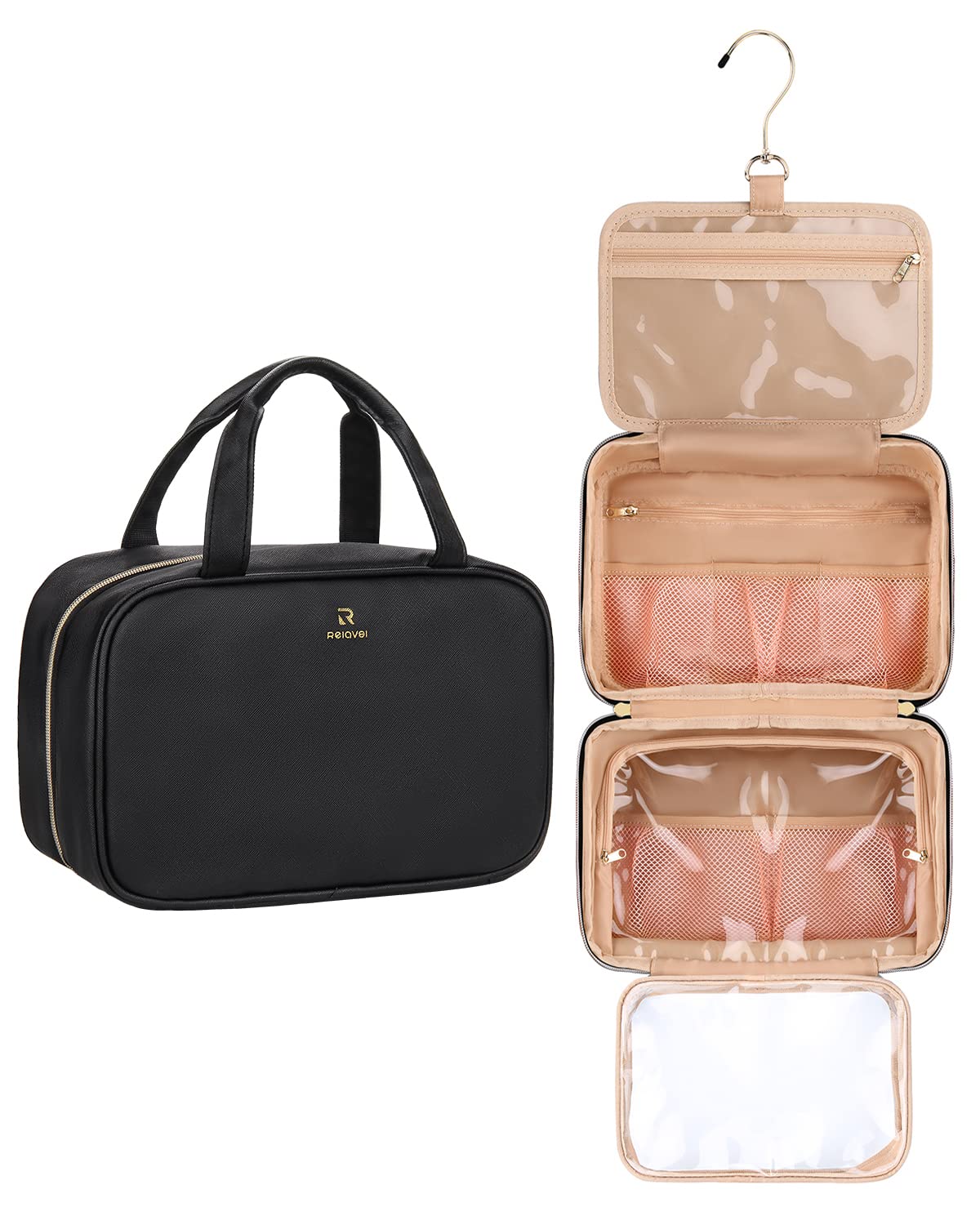 Relavel Water-resistant Hanging Toiletry Bag for Travel - Leather Cosmetic Organizer for Men & Women, Makeup, Shampoo, Full-Sized Containers | Perfect for Airplane, Gym, Camping & Business Trips