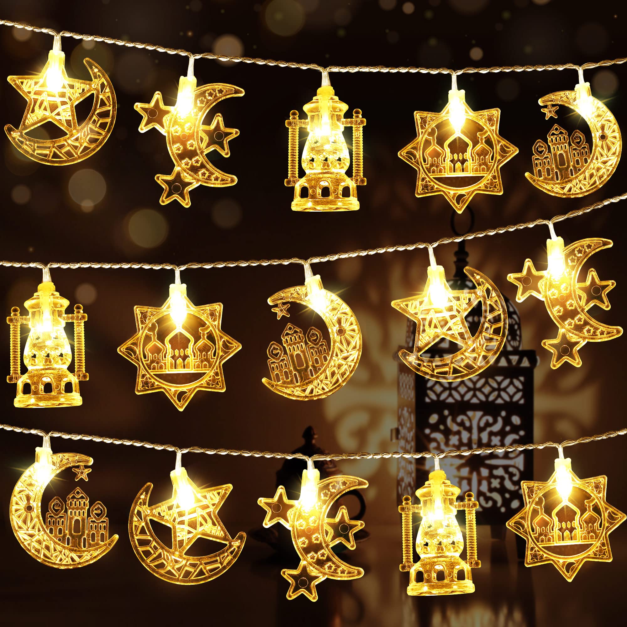 Hiboom 2 Pack 16 ft Moon Star Ramadan String Lights - 30 LED Battery Operated Fairy Lights with Remote Control for Ramadan & Eid Decorations (Warm White) - Perfect for Indoor/Outdoor Home, Garden, Party, and Festival Decor