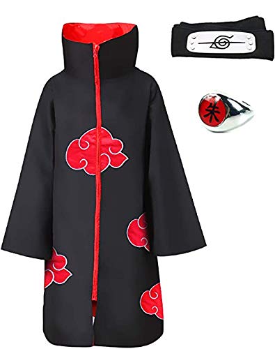 Akatsuki Cloak Robe - Halloween Cosplay Costume with Headband & Ring - Itachi Naruto Anime Outfit for Cosplay, Halloween Party, and Anime Convention