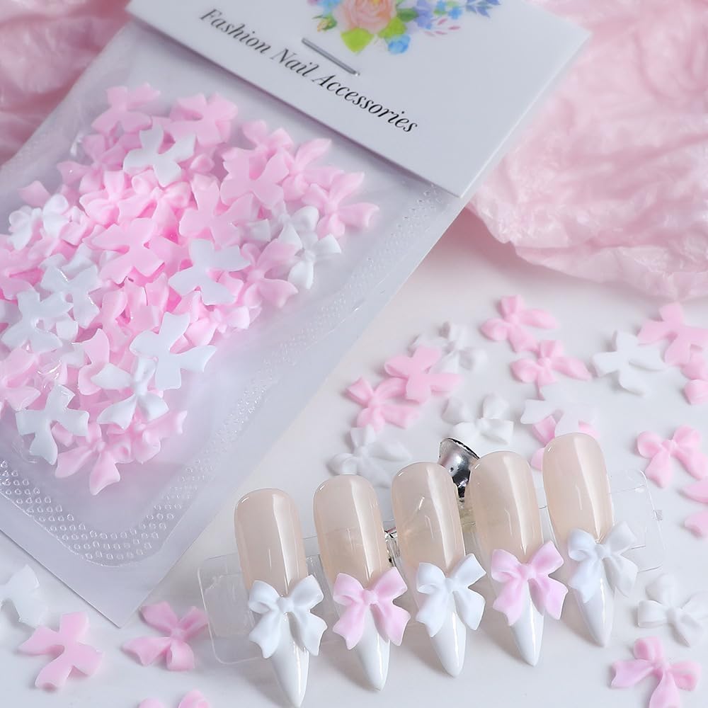 50Pcs 3D Nail Bows Charms - Pink & White Resin Bowknot Nail Art Decorations for Women, DIY Nail Design Supplies, Perfect for Manicures, Parties & Special Occasions