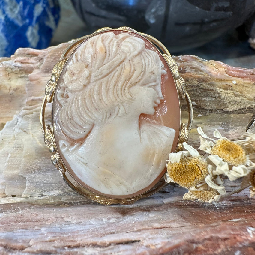 Van Dell 12k Yellow Gold Pendant Pin Shell Cameo Jewelry - Elegant Vintage Brooch for Women, Perfect for Weddings, Parties & Special Occasions