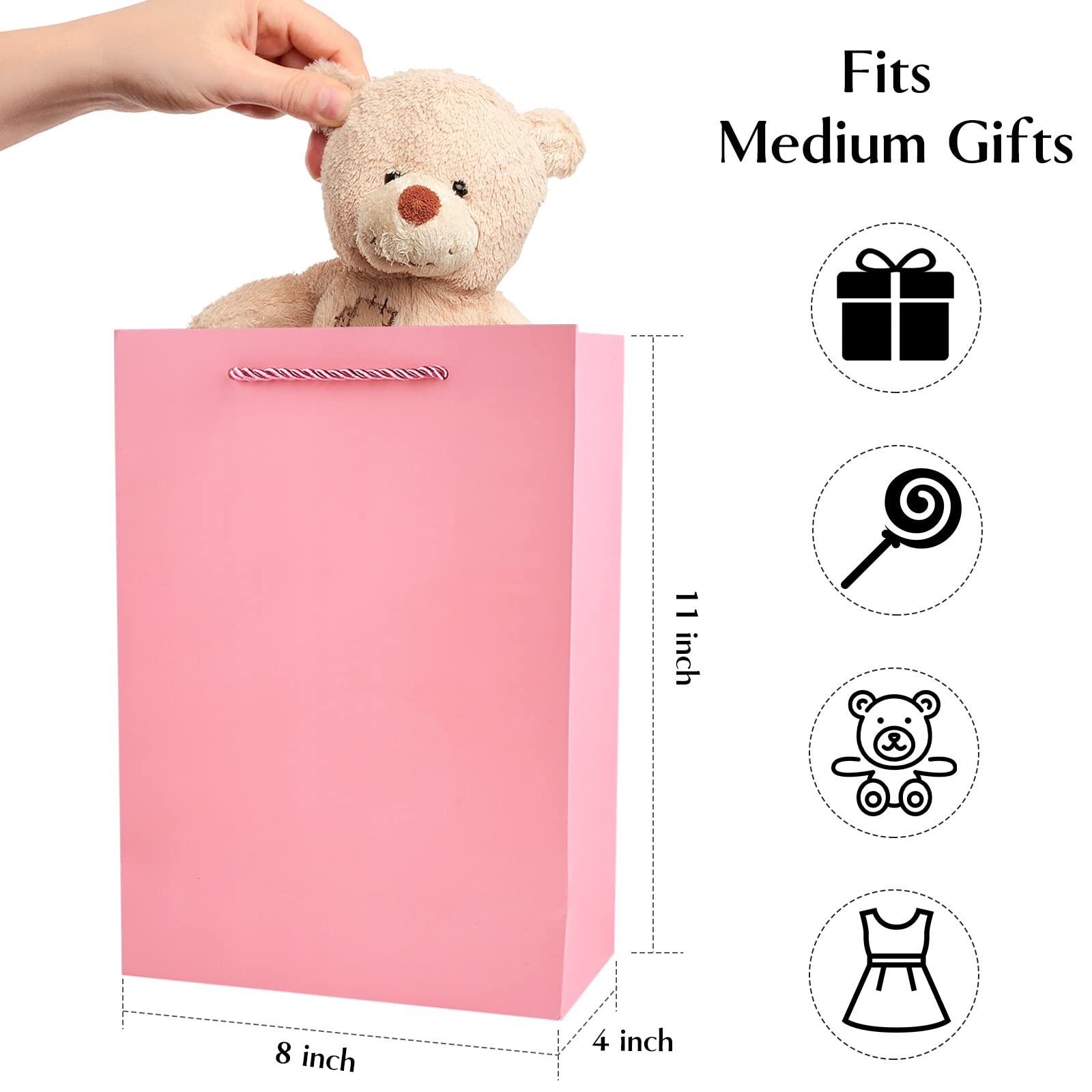 10 Pack Luxury Pink Gift Bags with Tissue Paper - 11x8x4 Inches Medium Size Paper Gift Bags with Handles for Women, Girls, Ladies - Perfect for Birthday Parties, Bridesmaid Proposals, Baby Showers & Wedding Favors