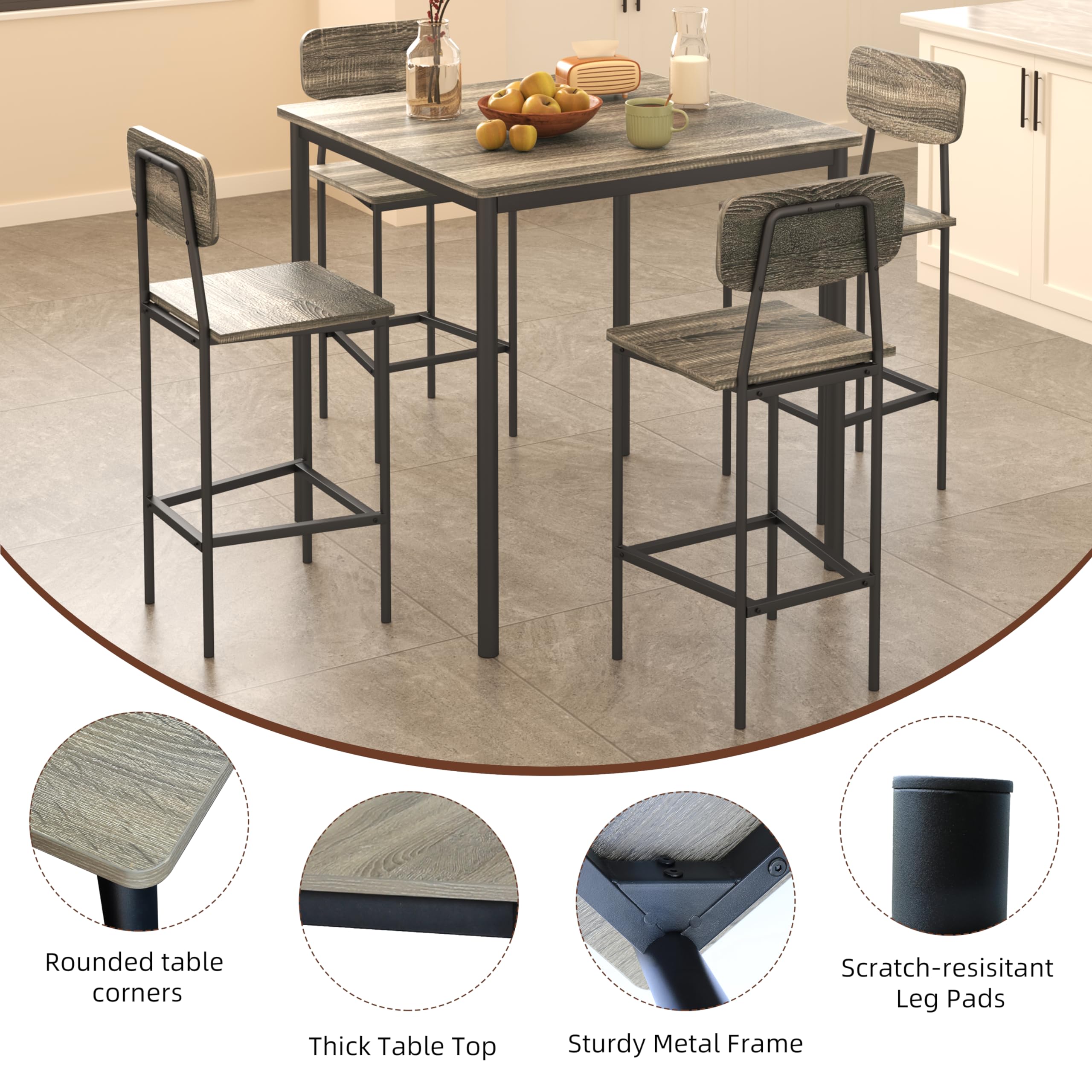 4-Piece Industrial Kitchen Table and Chairs Set - Space Saving Dining Table Set for Family Dinners & Parties (Gray) | Perfect for Small Spaces, Breakfast Nooks & Modern Farmhouse Decor
