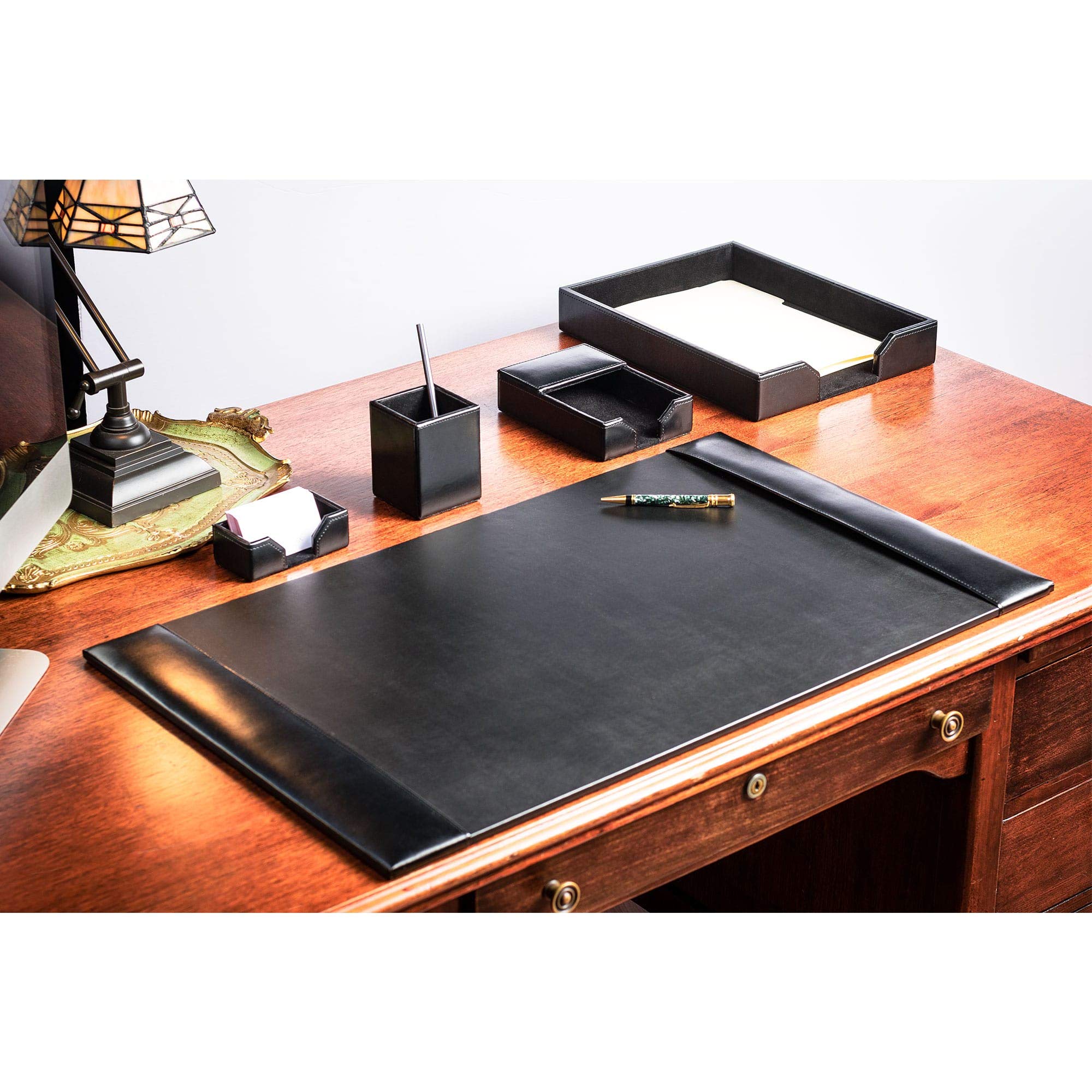 Dacasso Black Bonded Leather 5-Piece Office Desk Set - Includes Pen Holder, Letter Tray, and More for Home & Office Organization
